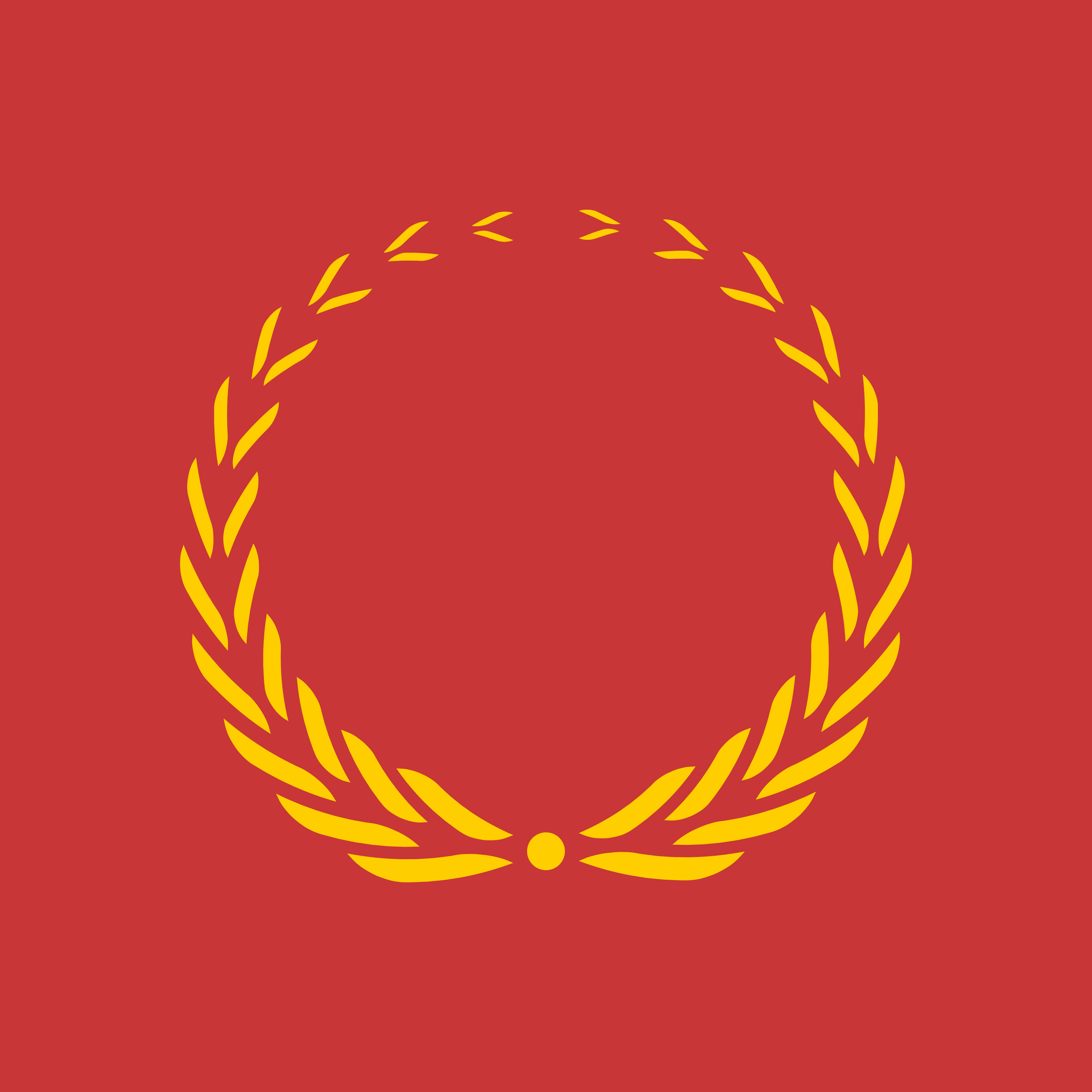 A golden laurel wreath on a red background.