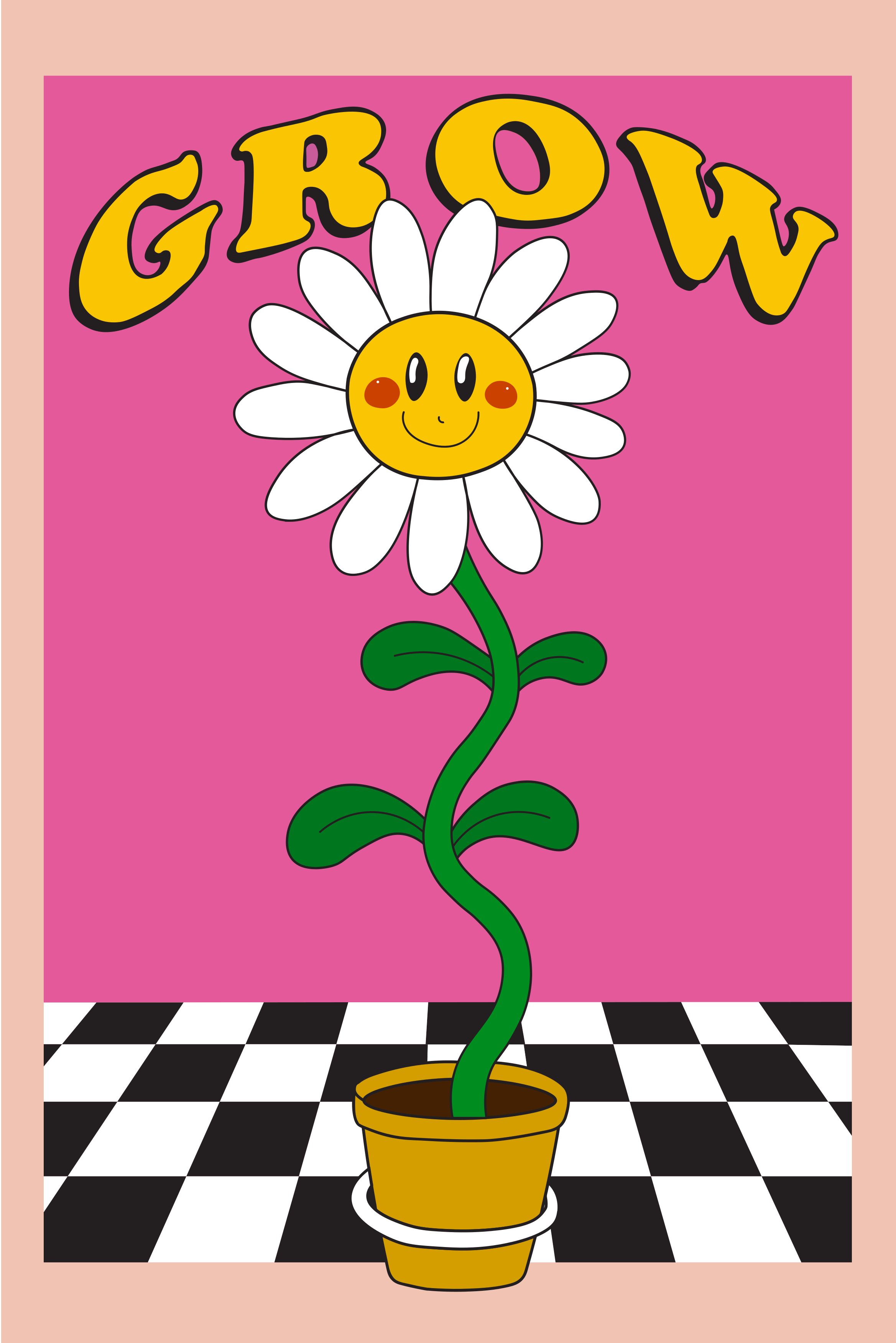 Smiling daisy flower with the word grow