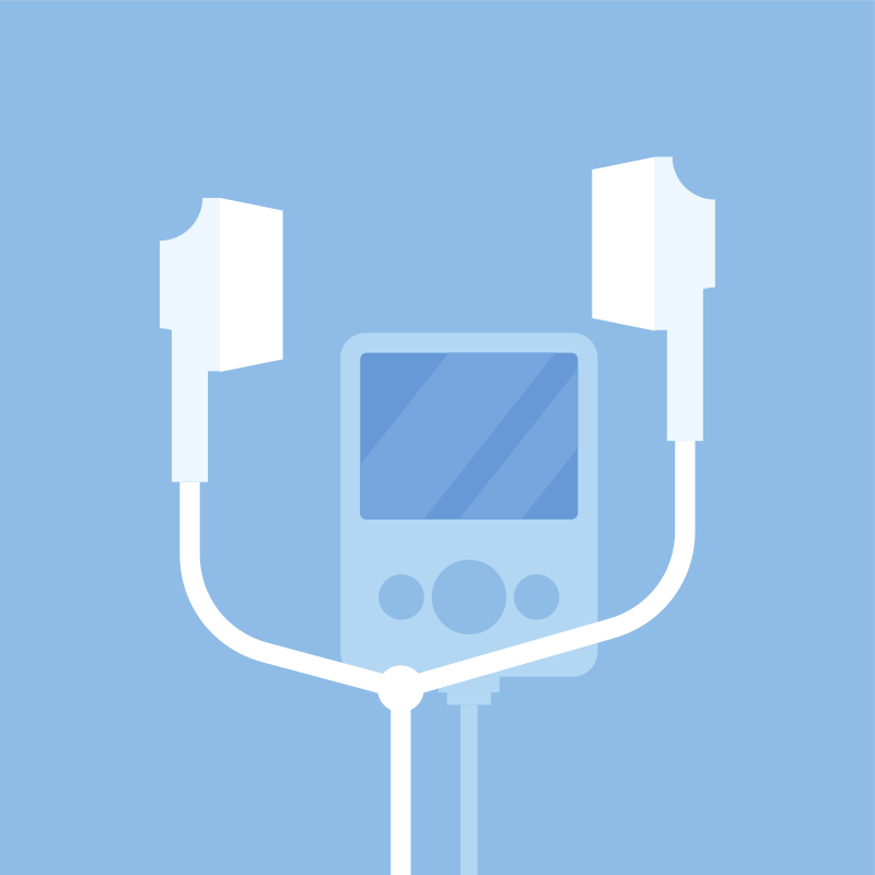 White earbuds and mp3 player on blue background