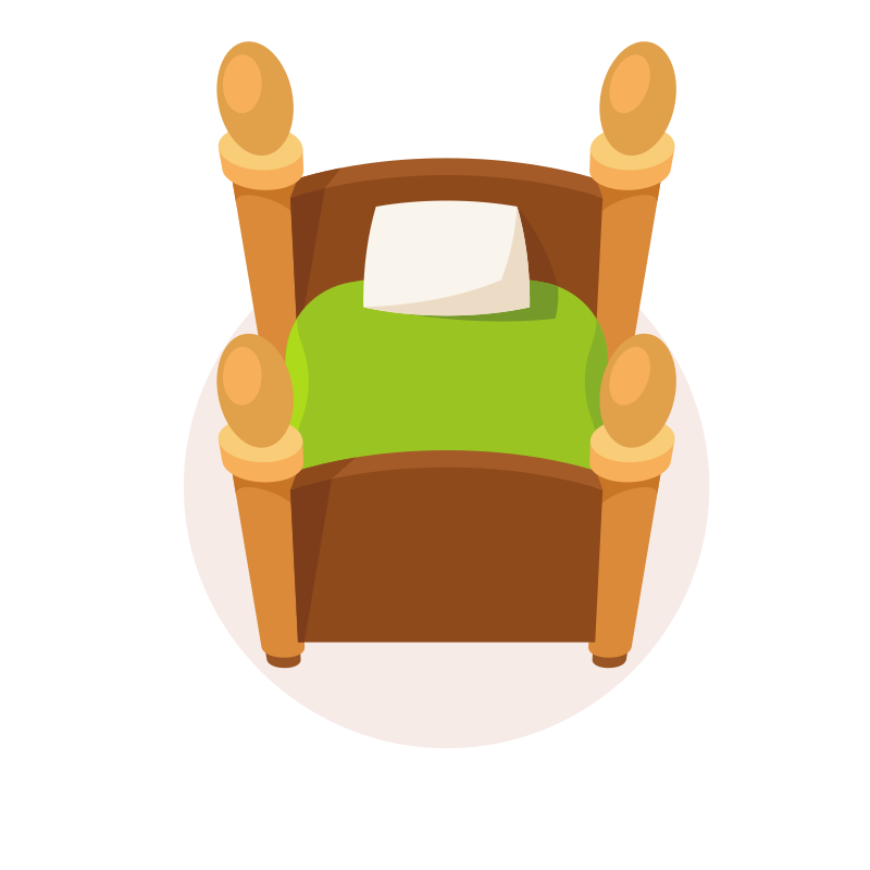 A brown bed with green blanket and white pillow