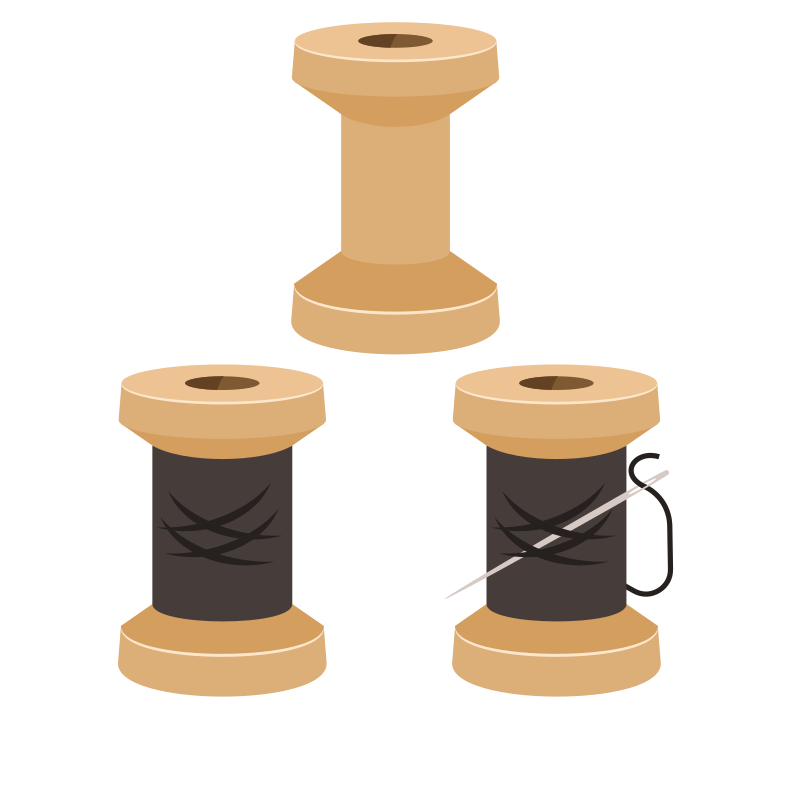 Three spools of thread with a needle.