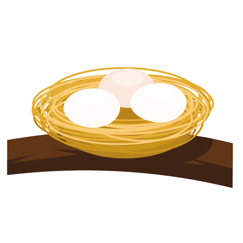 Three eggs resting in a straw nest on a branch