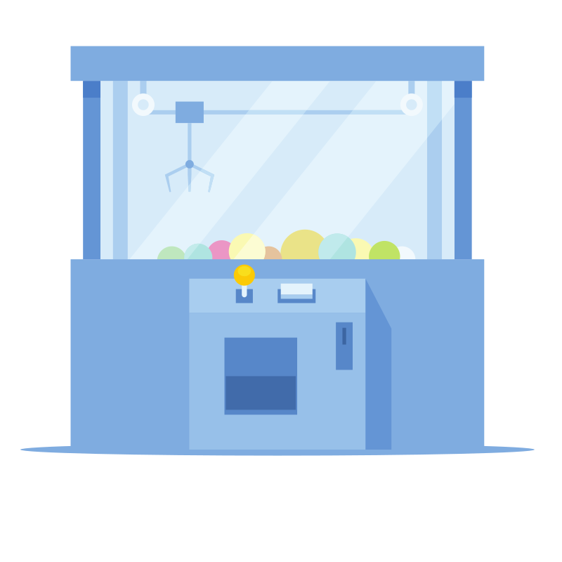 A blue claw machine filled with colorful balls