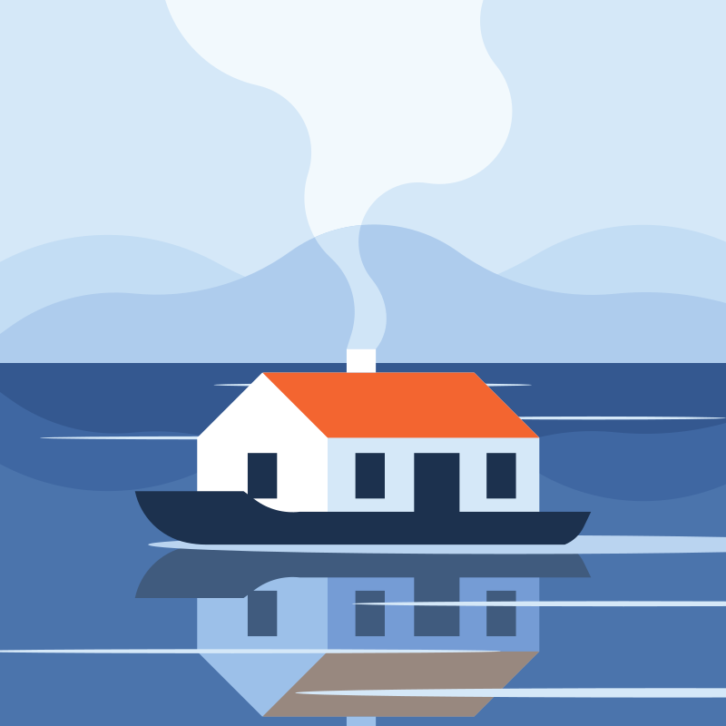 A house floats on water with smoke from chimney.