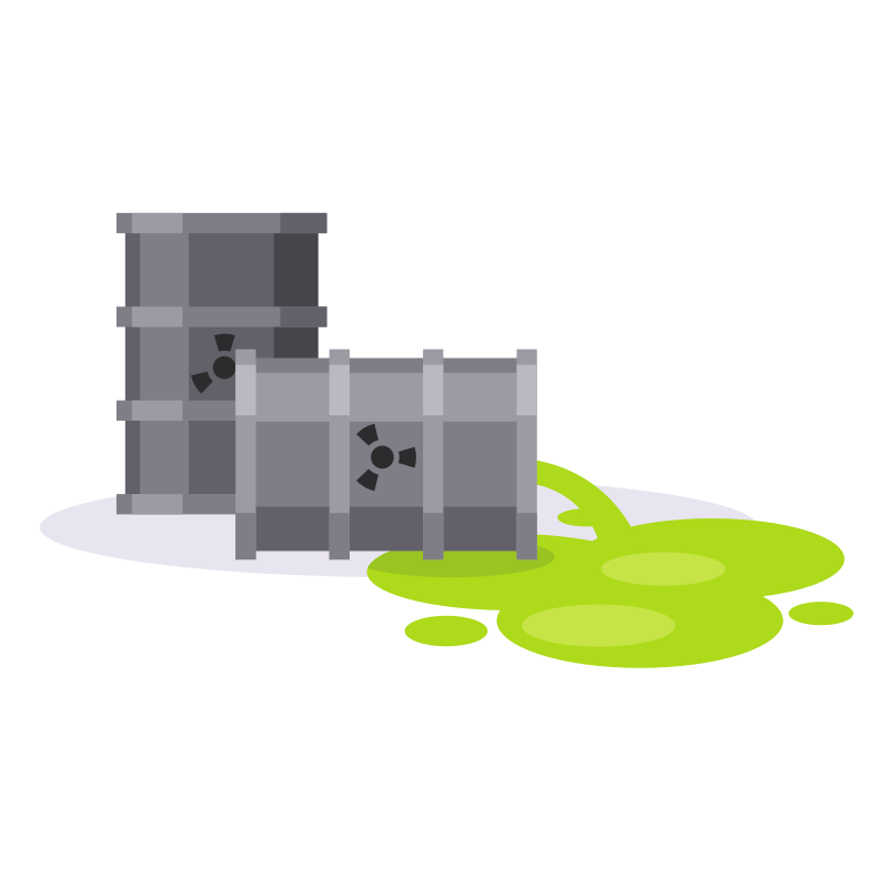 Two hazardous waste barrels with leaking green liquid.