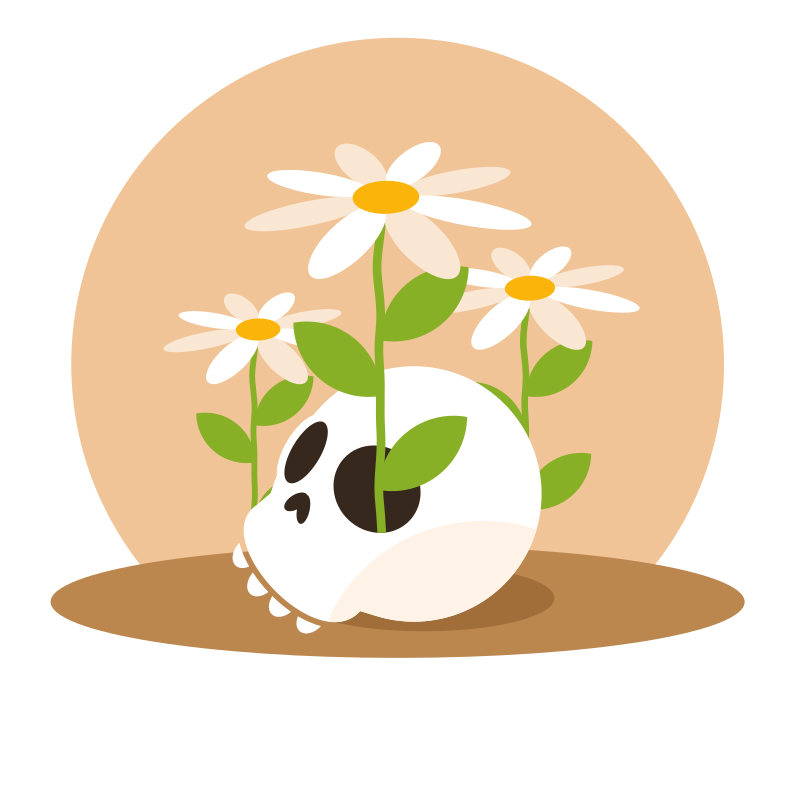 White daisies growing from a skull on brown ground.