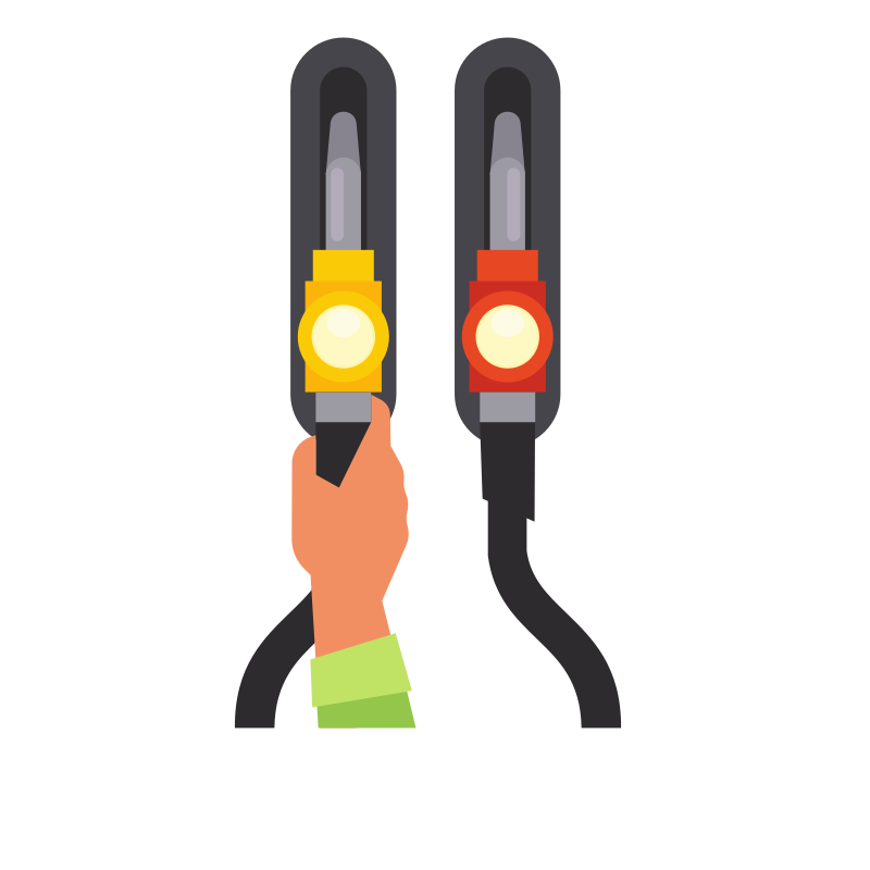 Hand reaching for a yellow gas pump nozzle