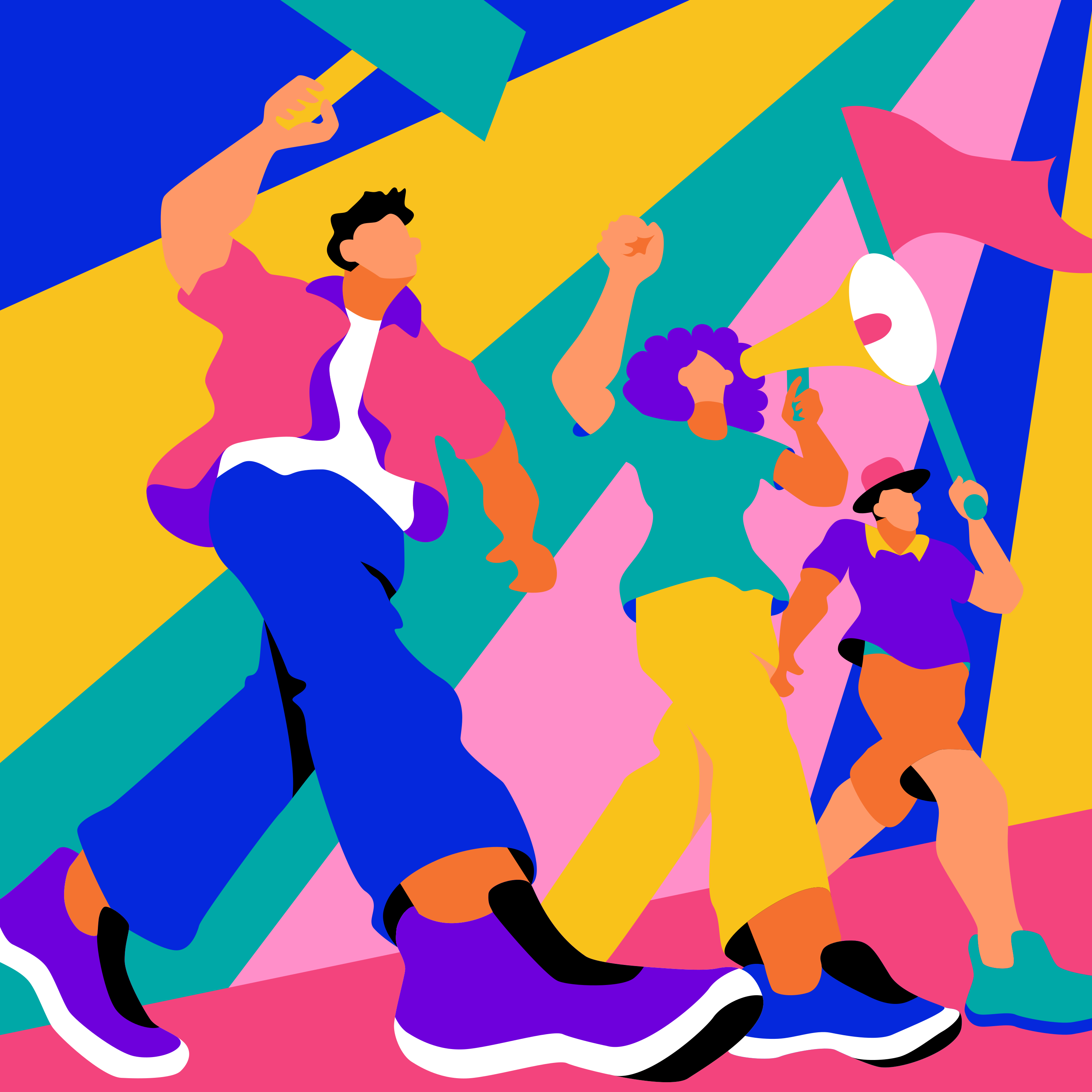 People marching with flags and megaphone