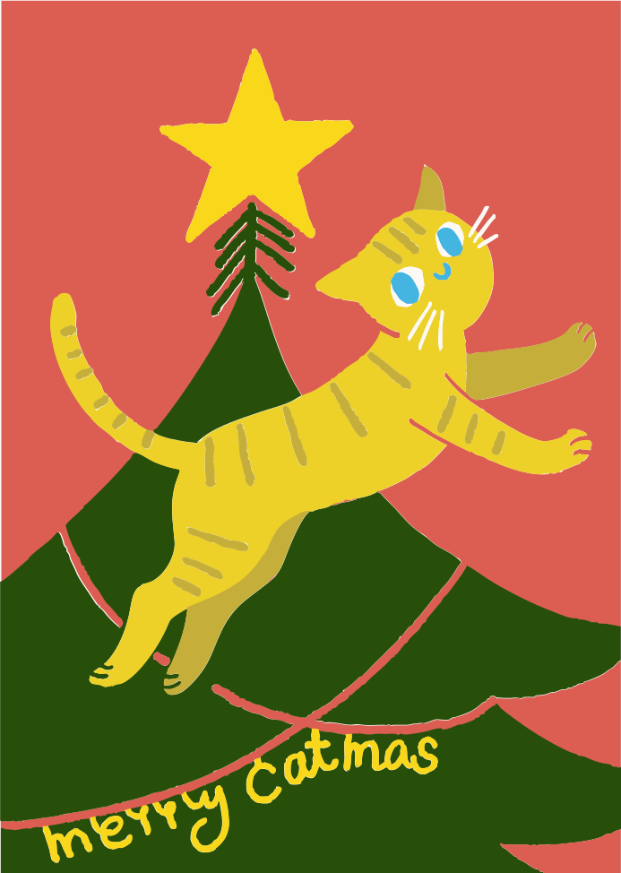 A yellow cat jumps near a christmas tree.
