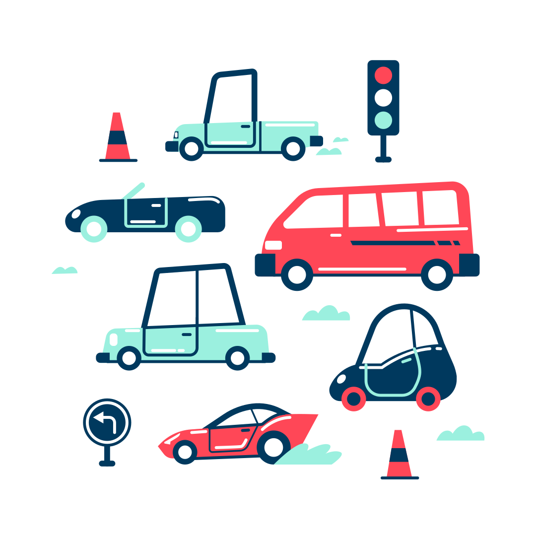 Various cartoon cars, traffic cones, and traffic light.