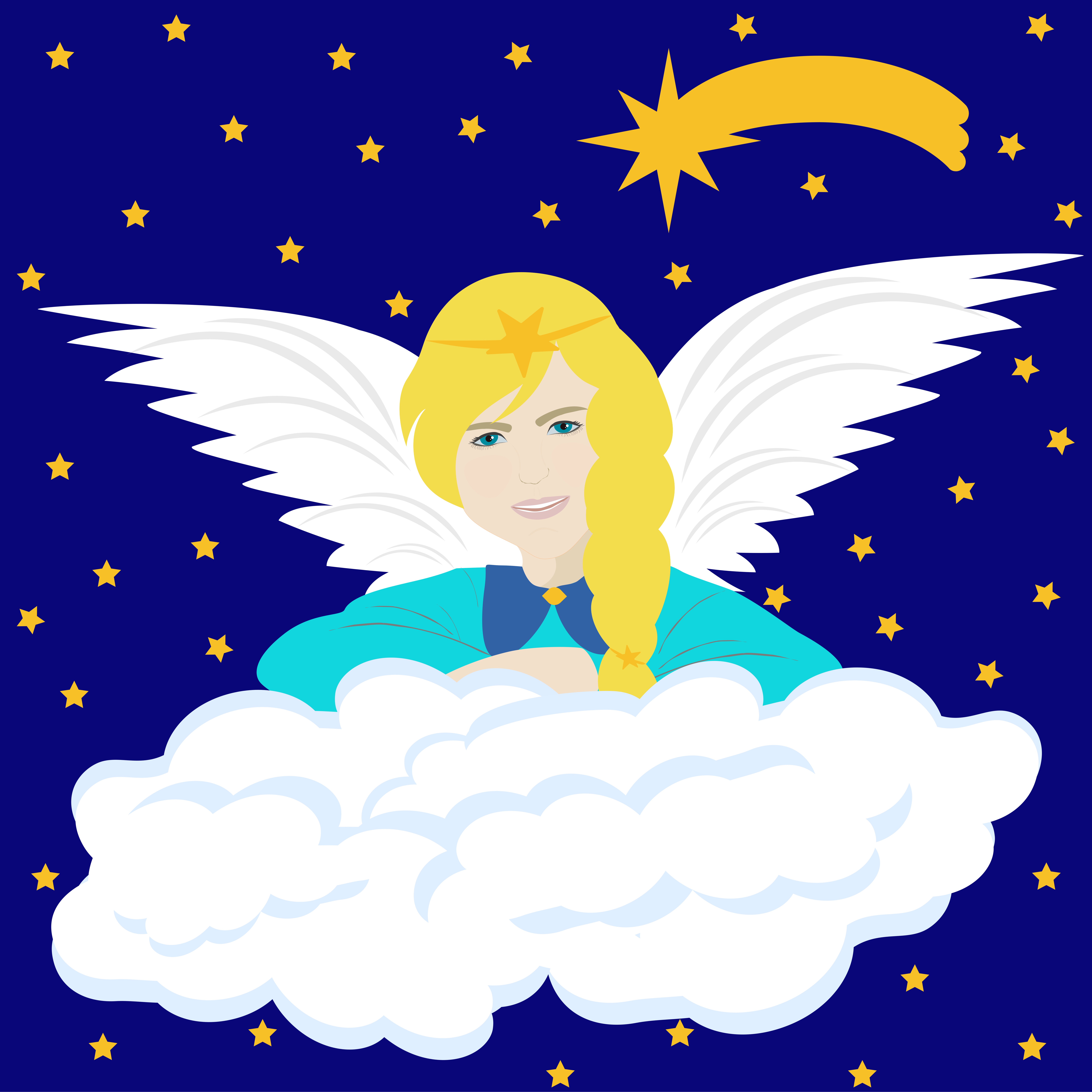 Angel with blonde hair sits on a cloud