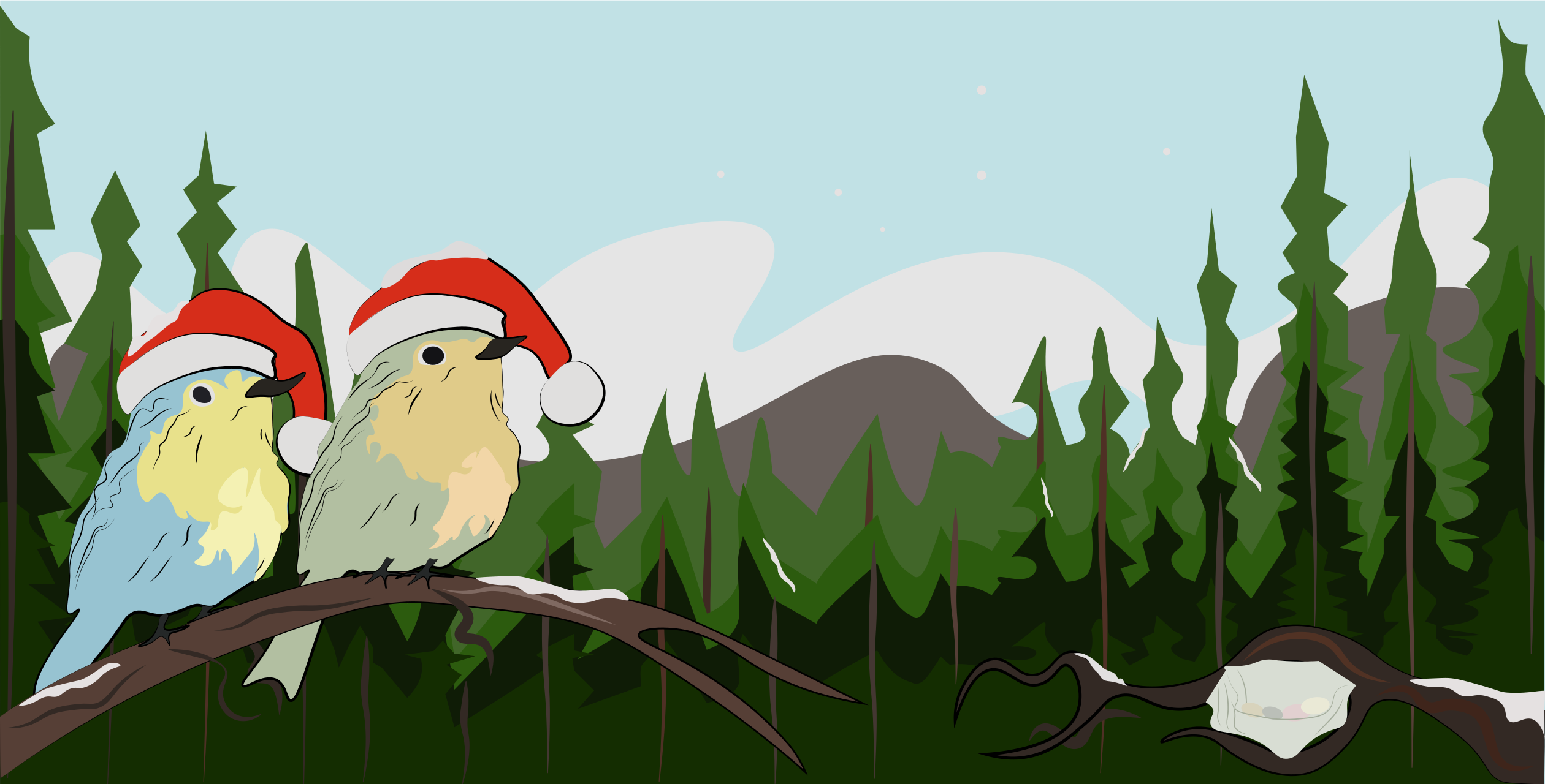 Two birds in santa hats on a branch.