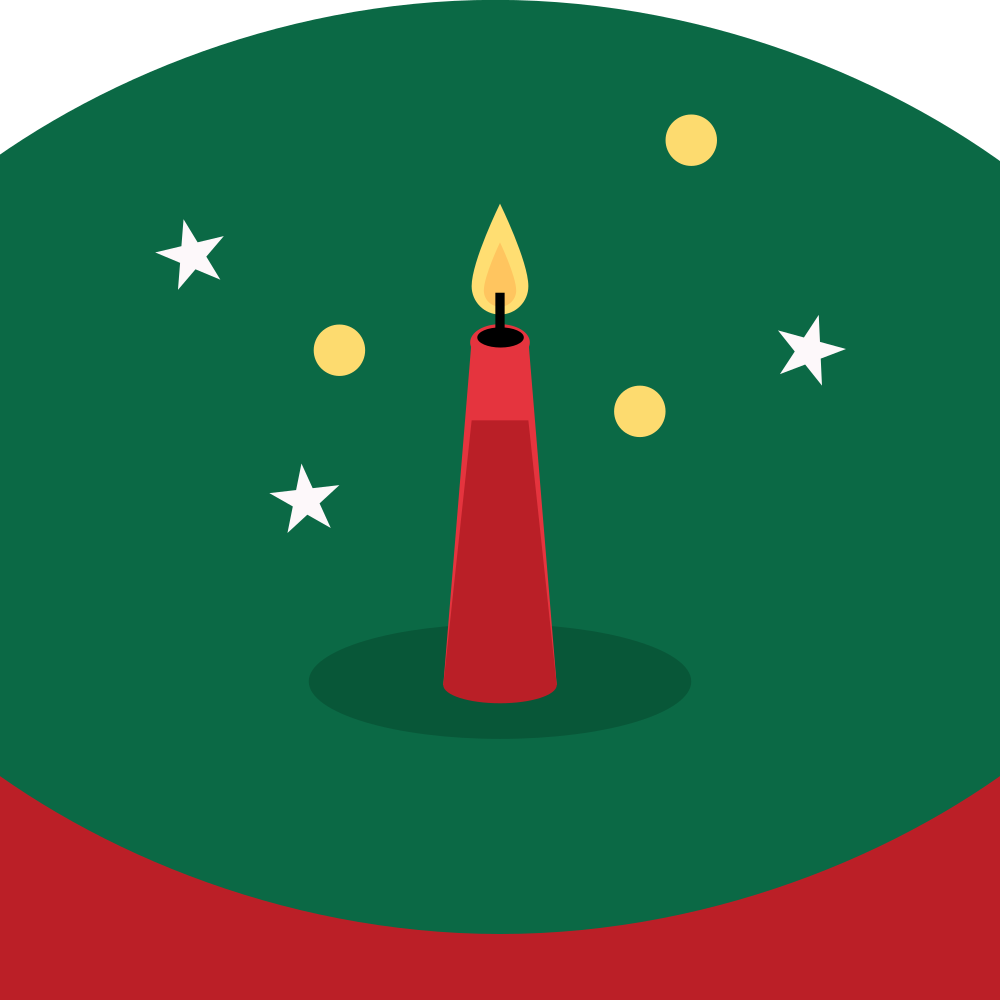 A red candle with a flame on a green background.