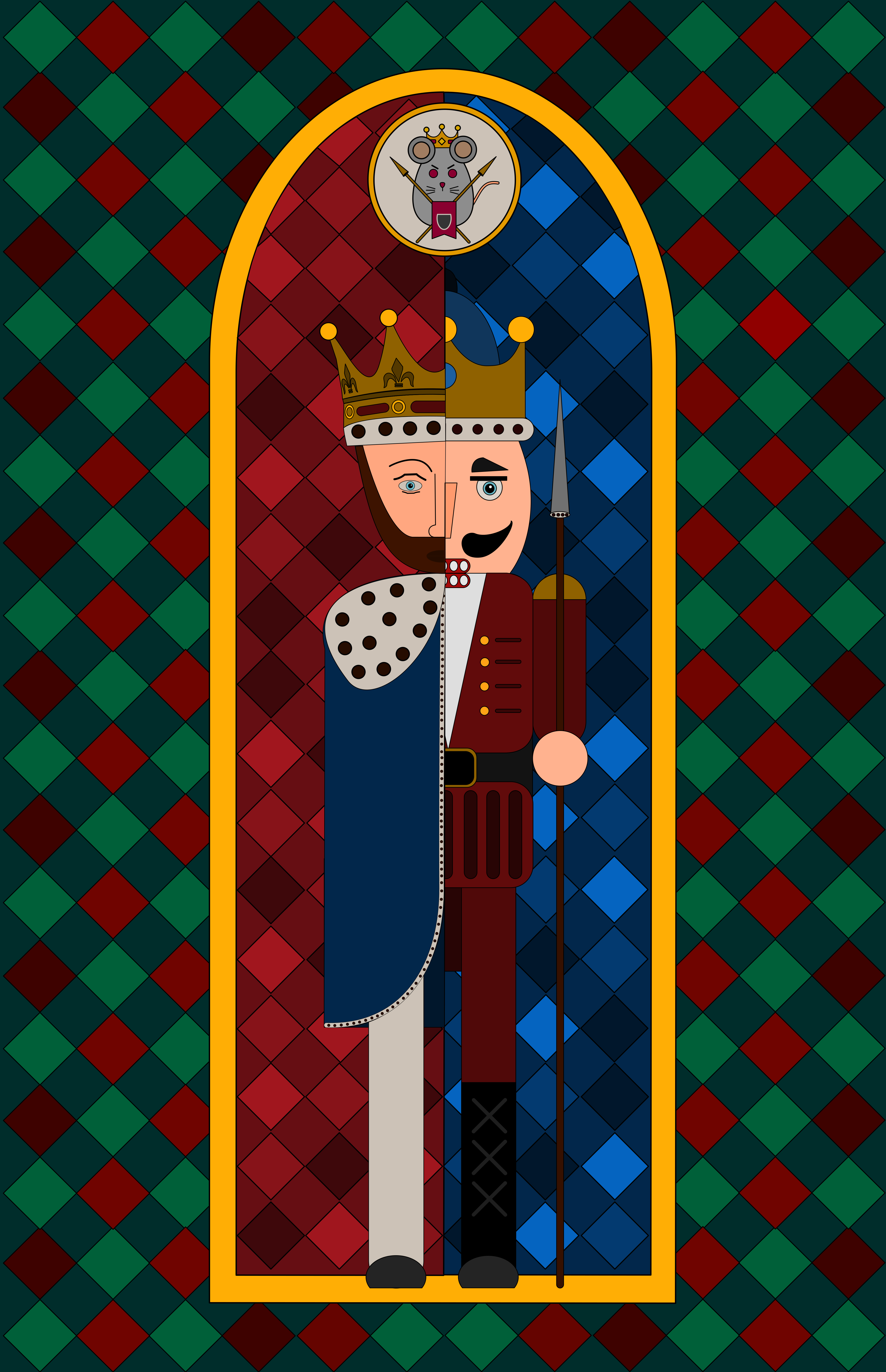 King and soldier figure with mouse emblem above