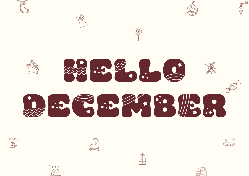 Hello december text with festive winter icons