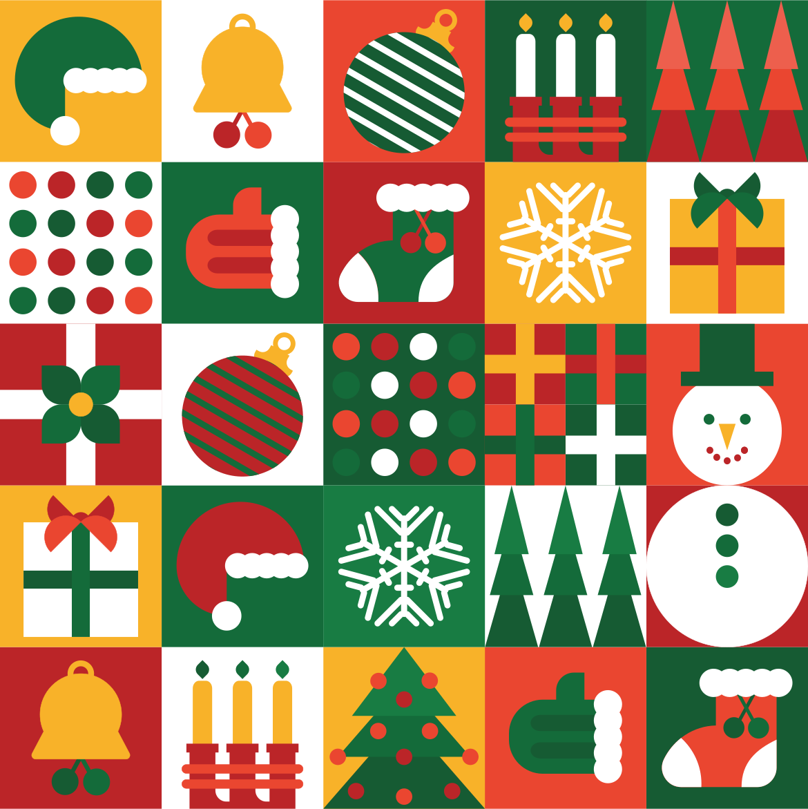 Colorful christmas icons arranged in a grid pattern