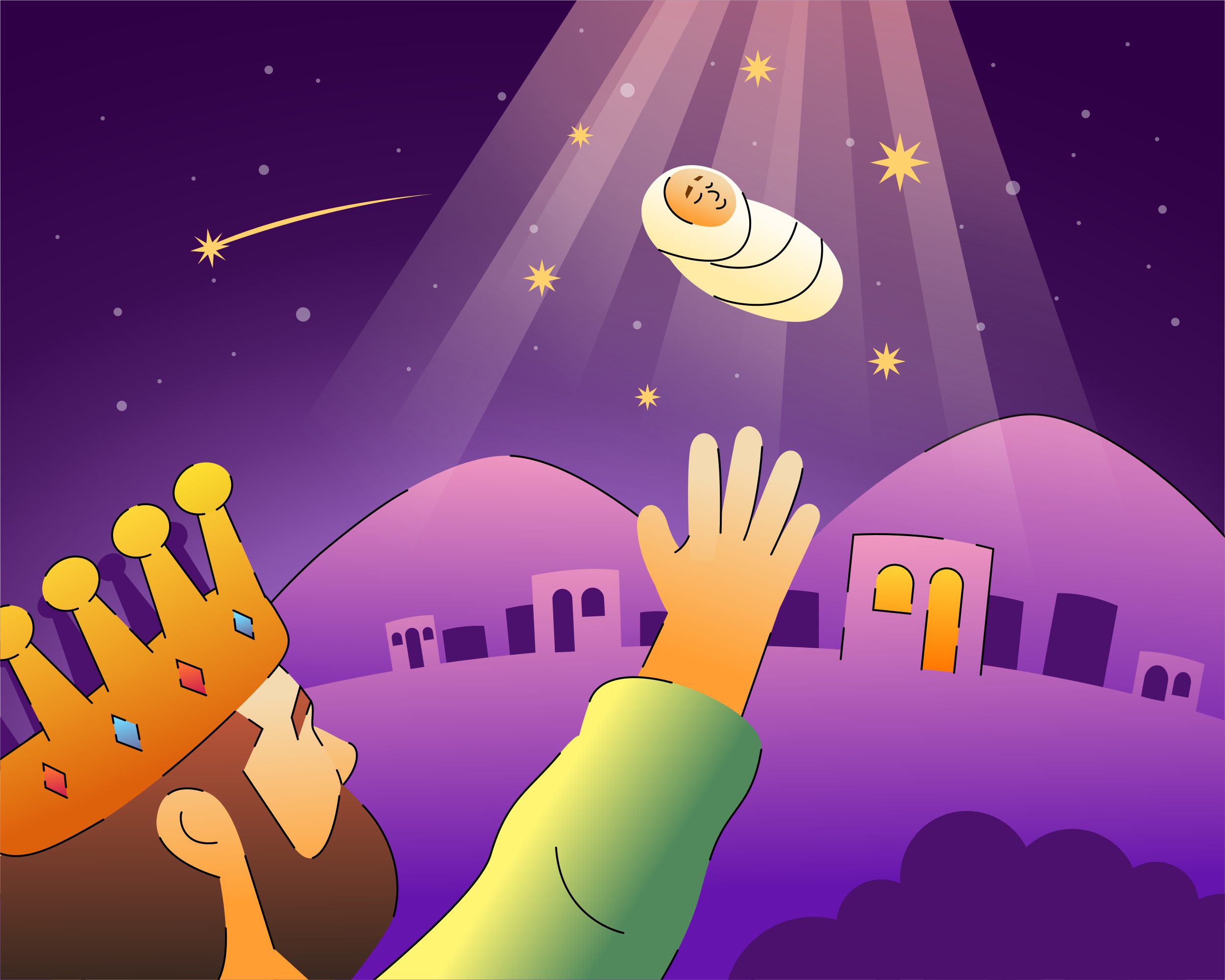 King reaching for a baby in a starry night sky