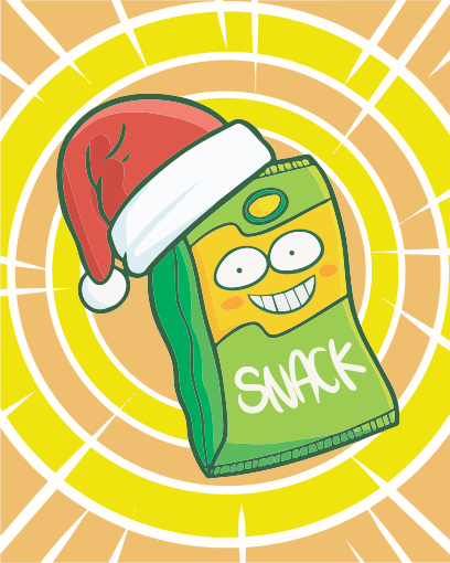Eine Cartoon-Snacktüte trägt einen Weihnachtsmannhut.