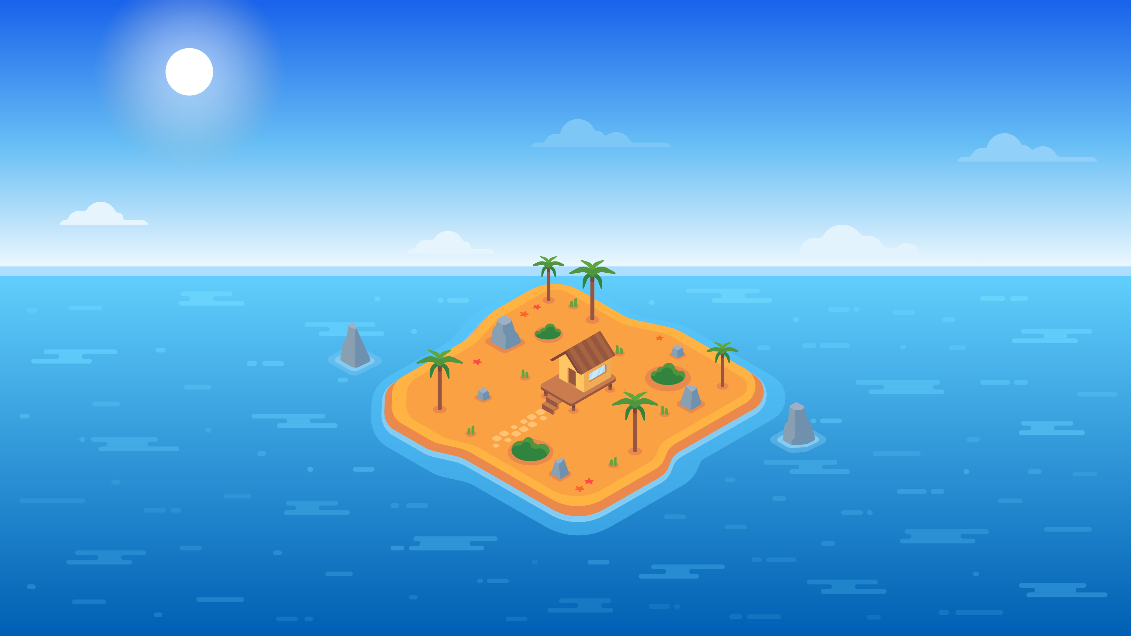 Small island with a house in the ocean.