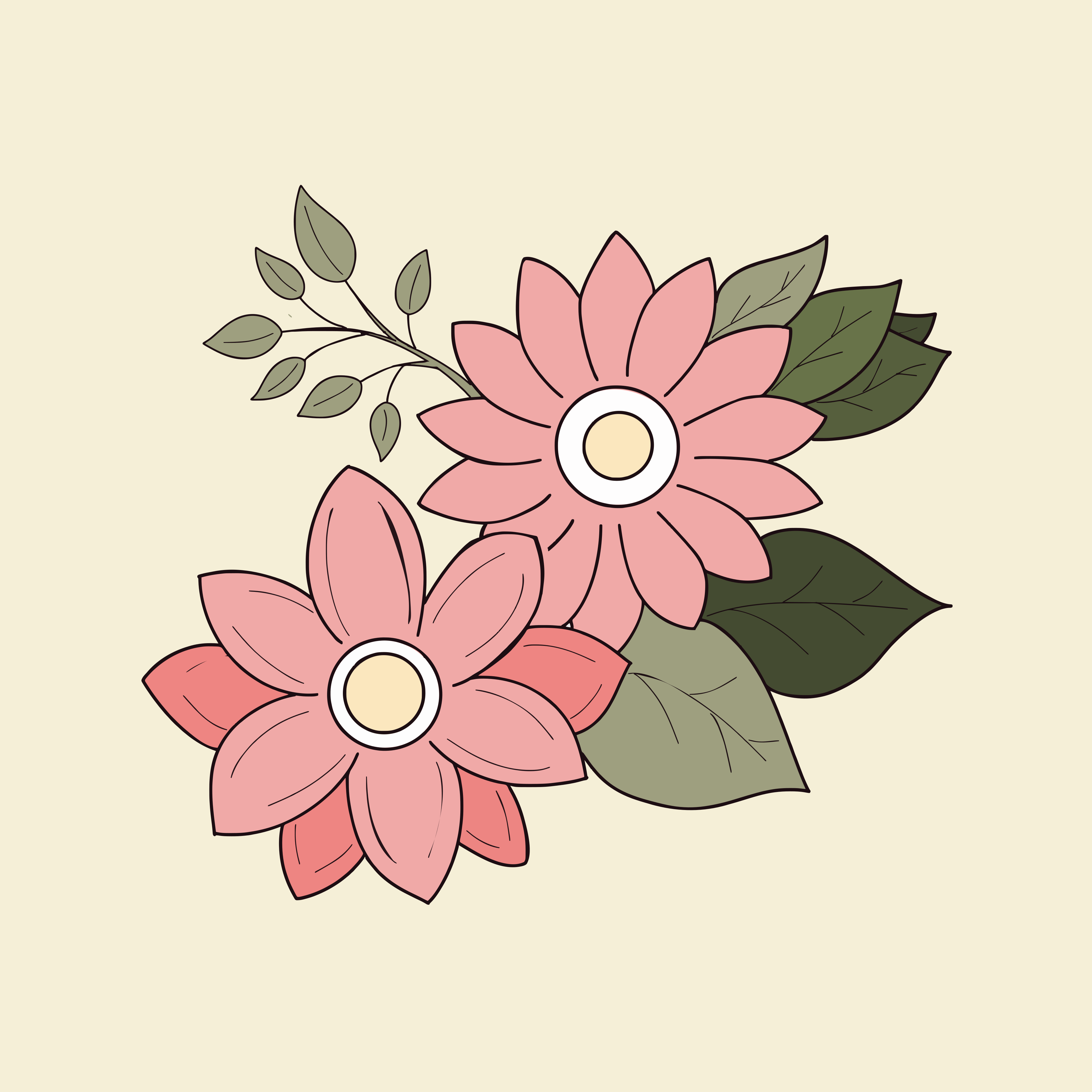 Two pink flowers with green leaves on cream background