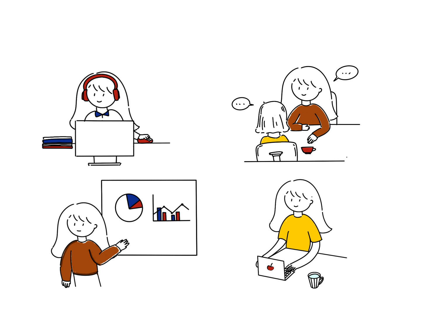 Four sketches of women working and learning