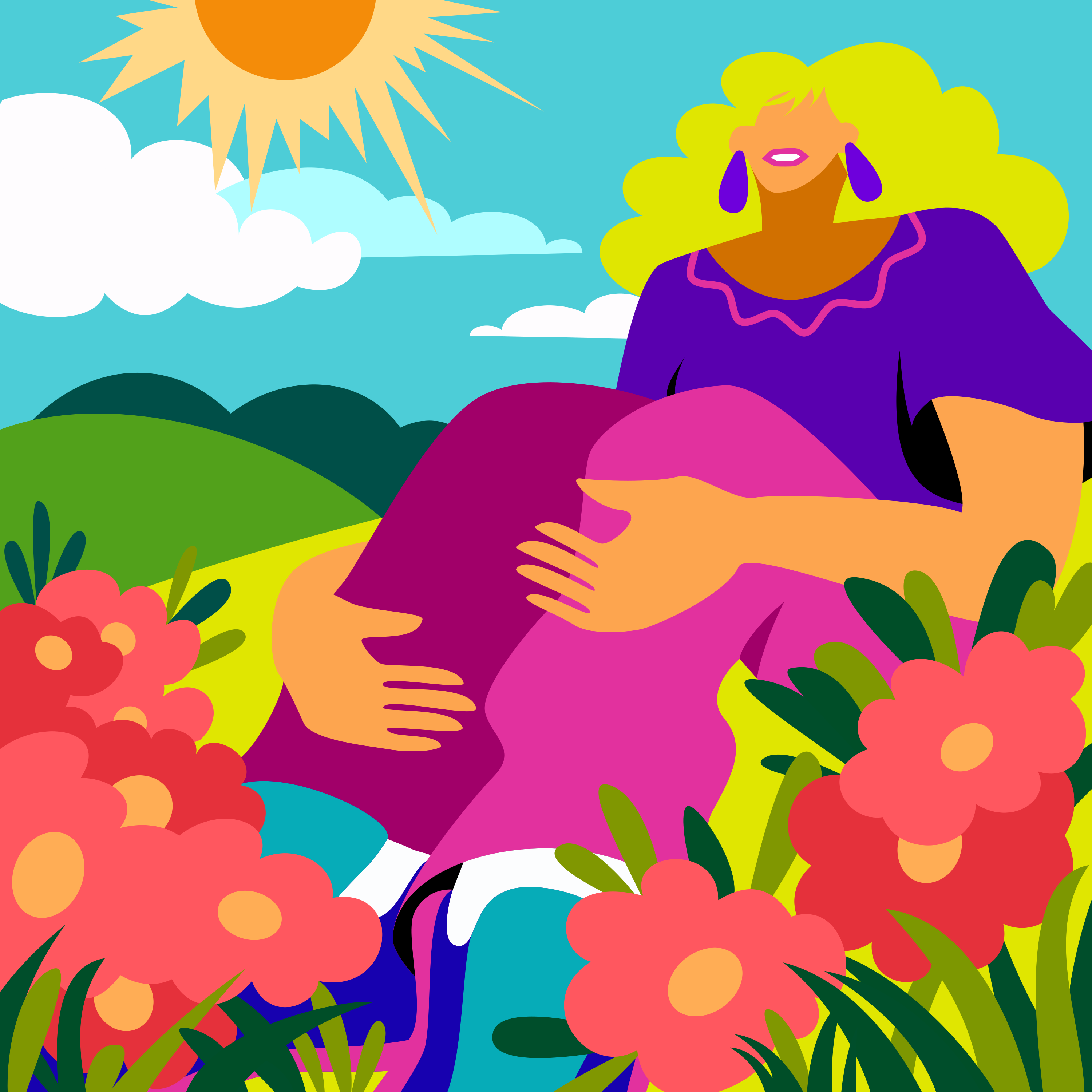Two women hugging in a field of flowers