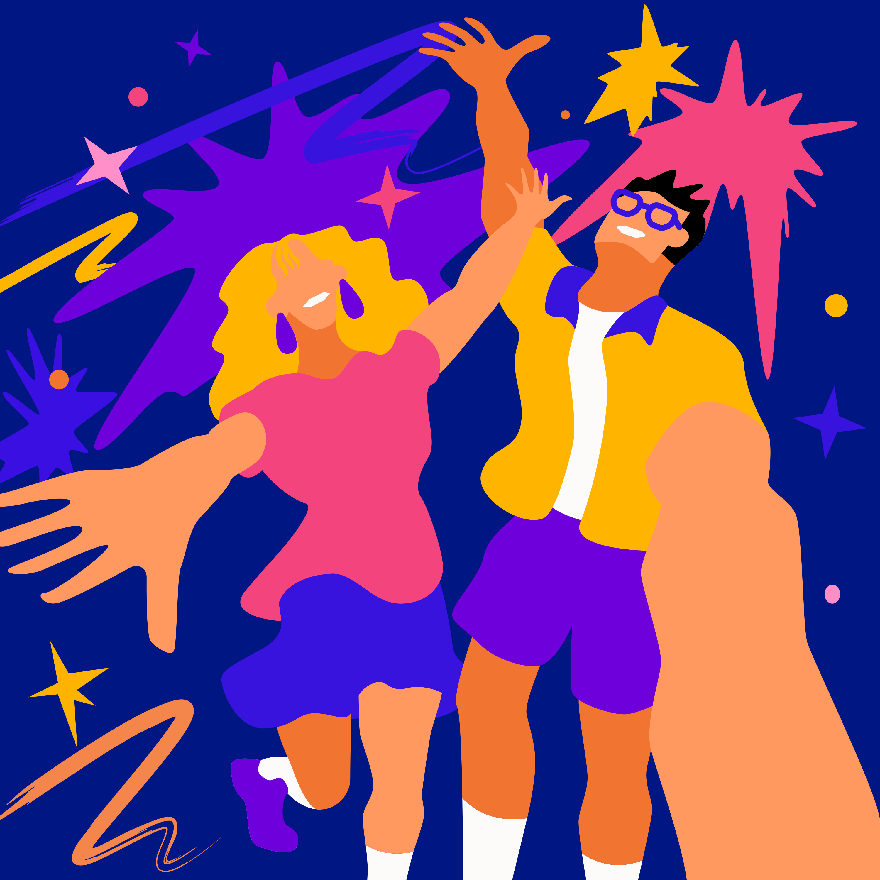 Couple celebrating with colorful abstract shapes