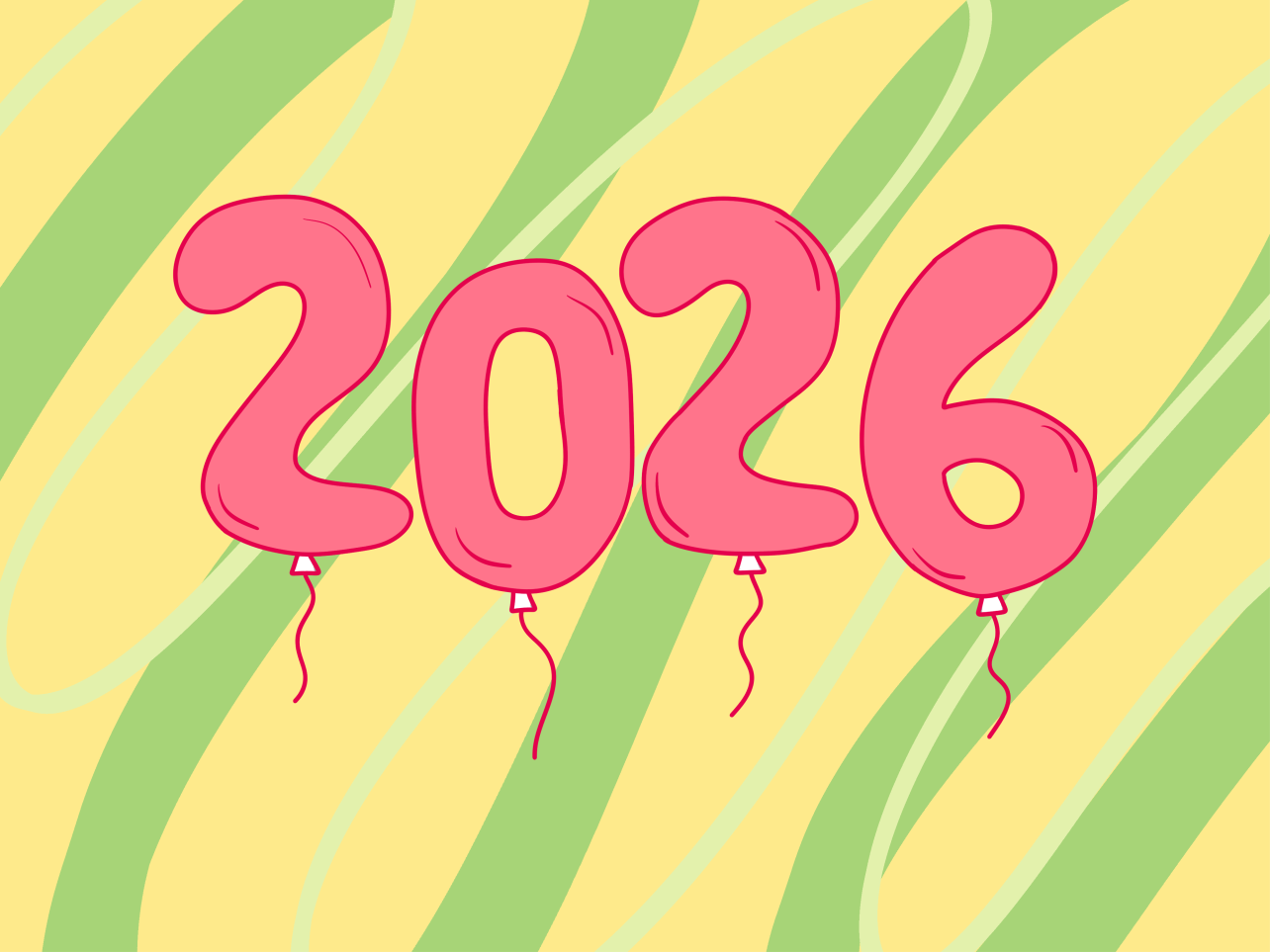 Pink balloons spell out 2026 on striped background
