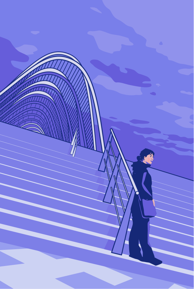 Mujer en las escaleras con experiencia en edificios modernos