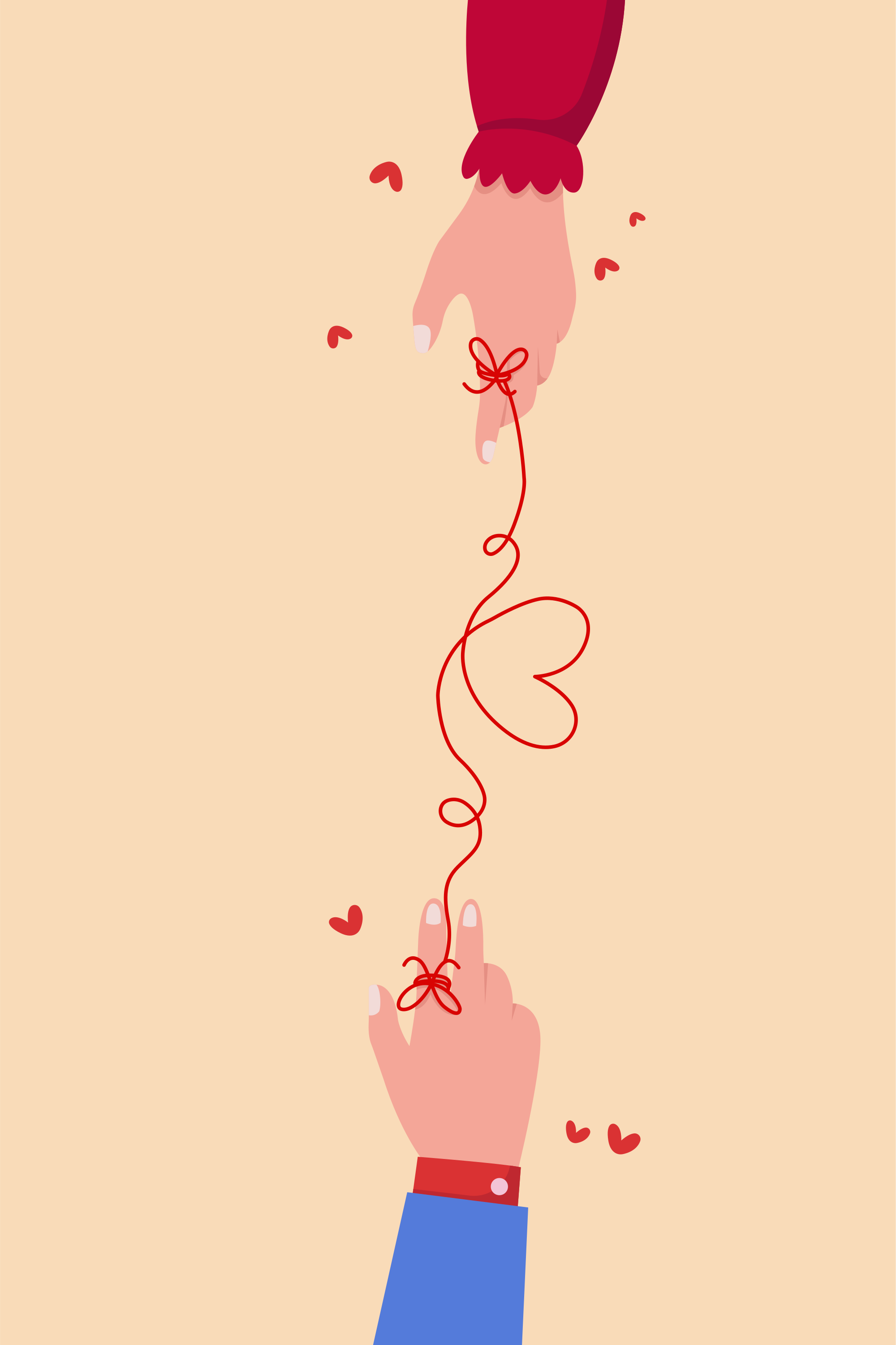 Two hands connected by a red string forming a heart