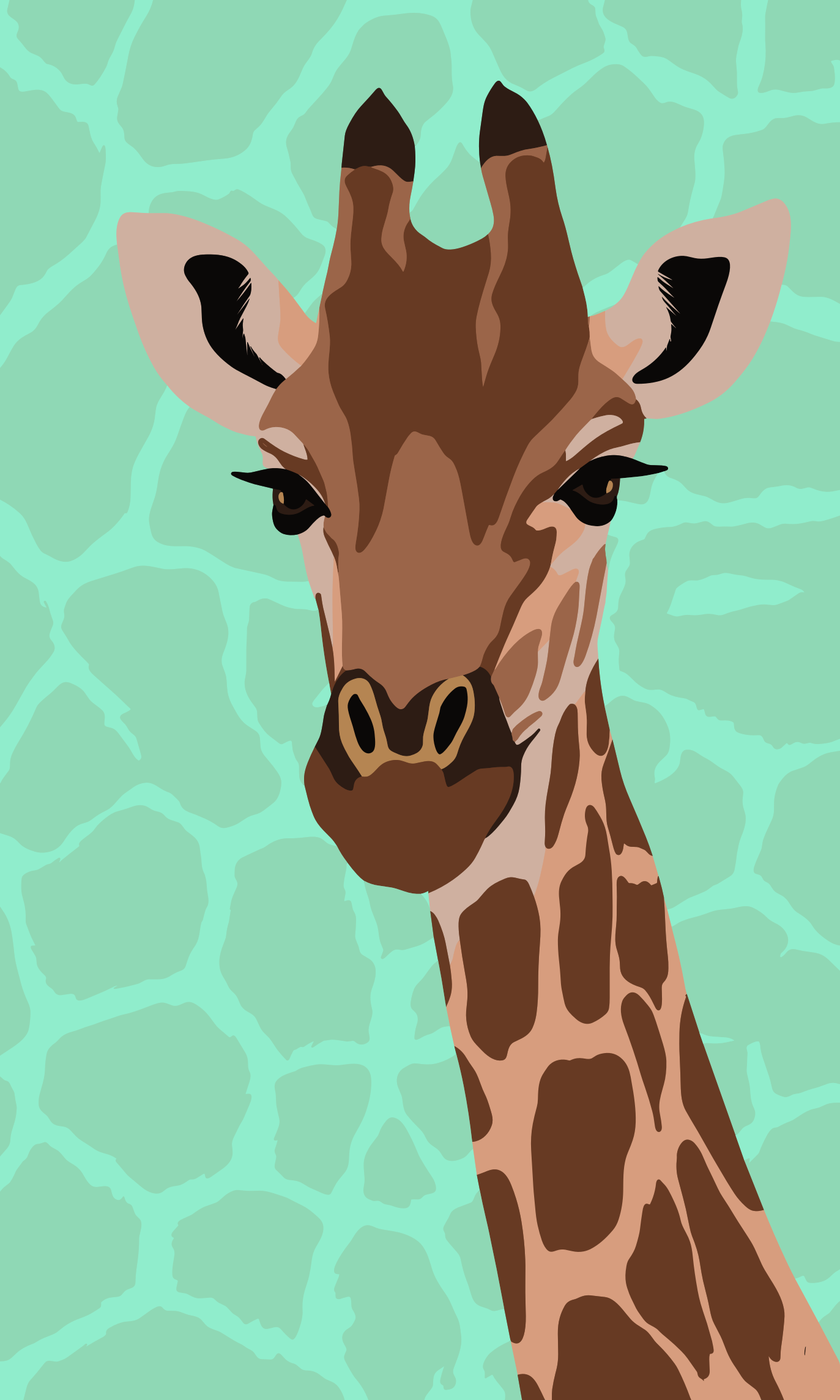 A giraffe's head and neck against a patterned background.
