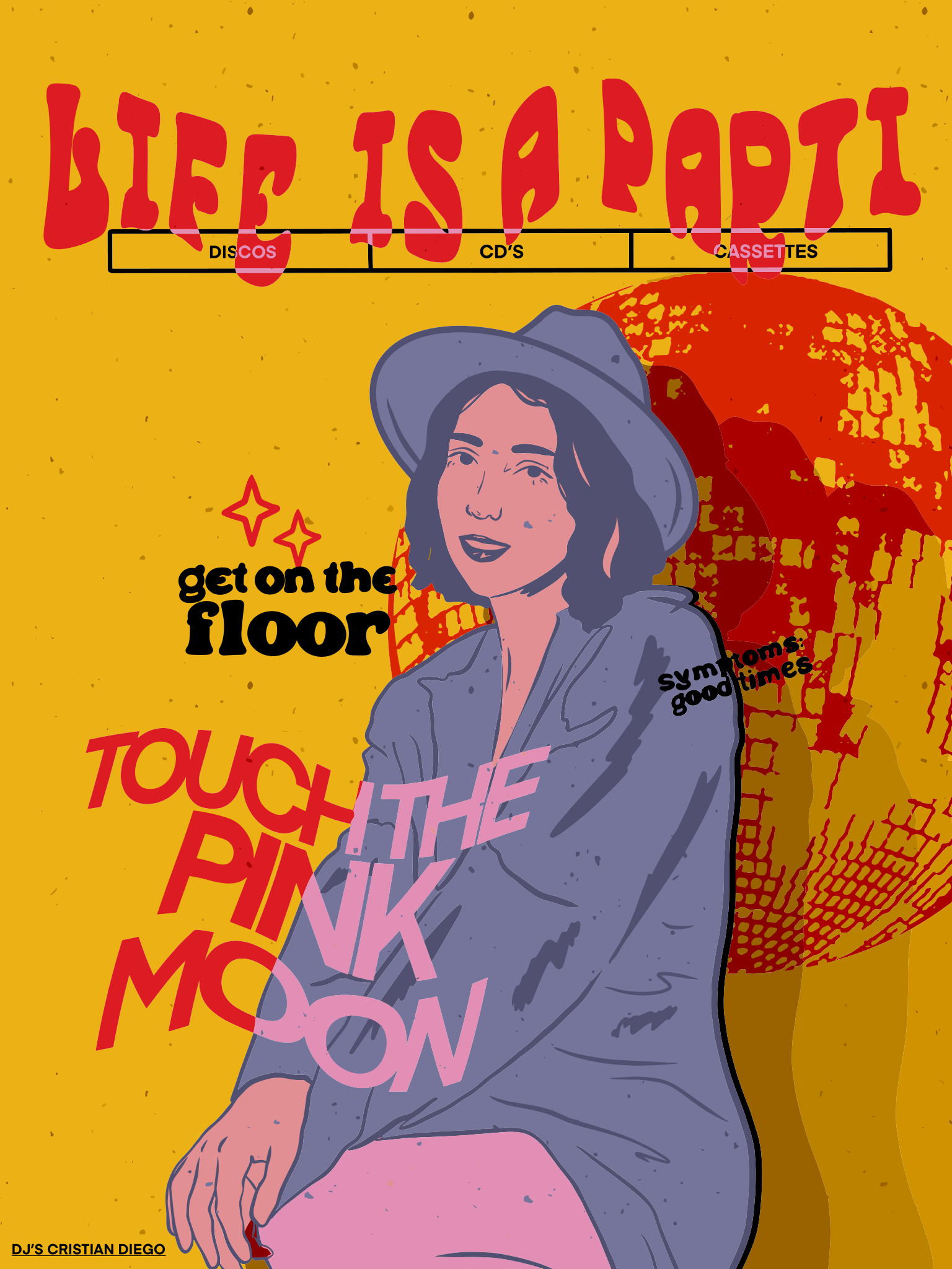 Woman in hat with disco ball and text.