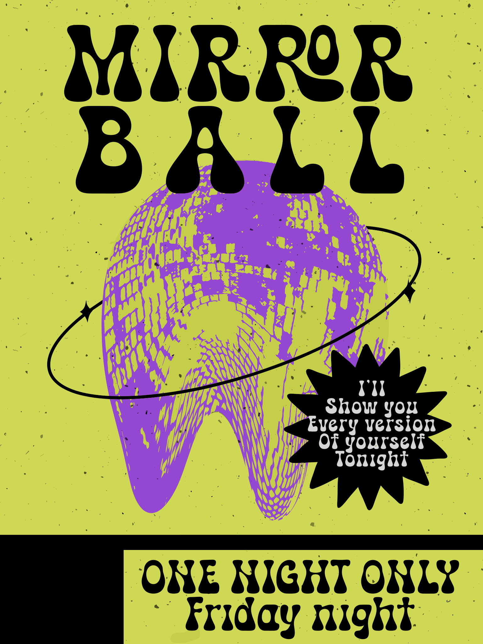 Mirror ball graphic with text and disco ball.