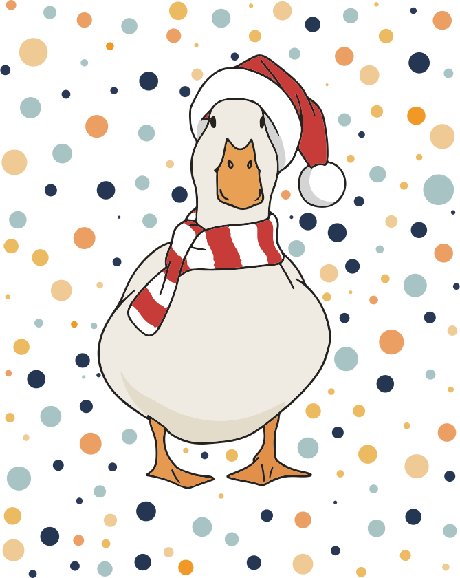 A goose wearing a santa hat and striped scarf