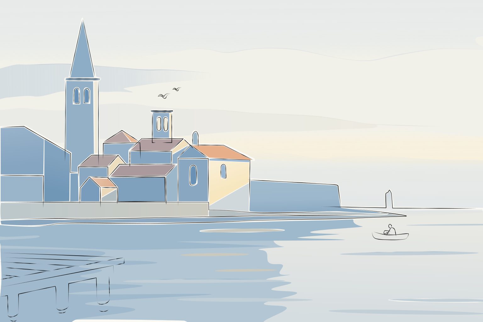 Coastal town with a church and a small boat.