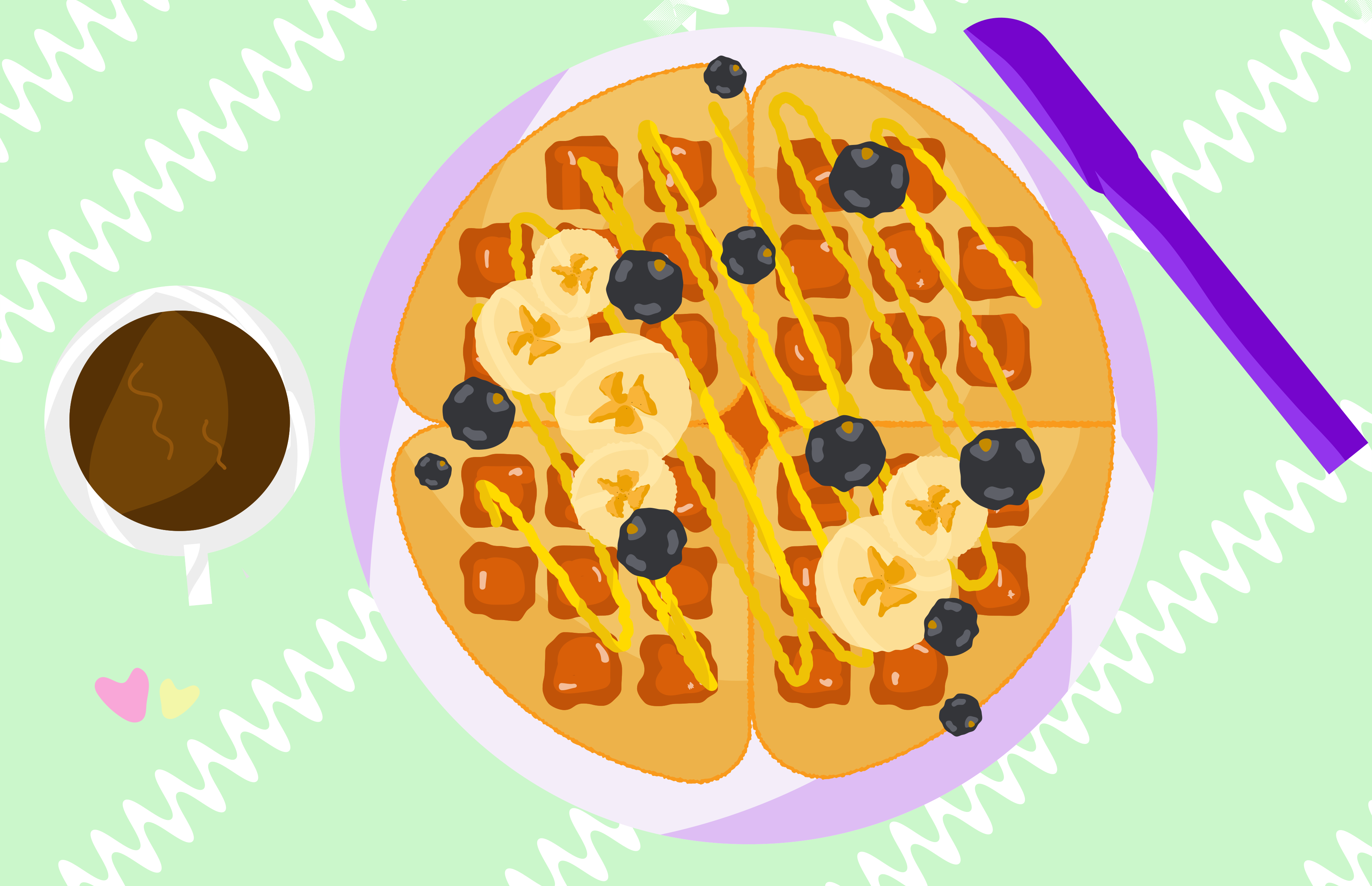 Waffle with blueberries, bananas, and syrup with coffee.