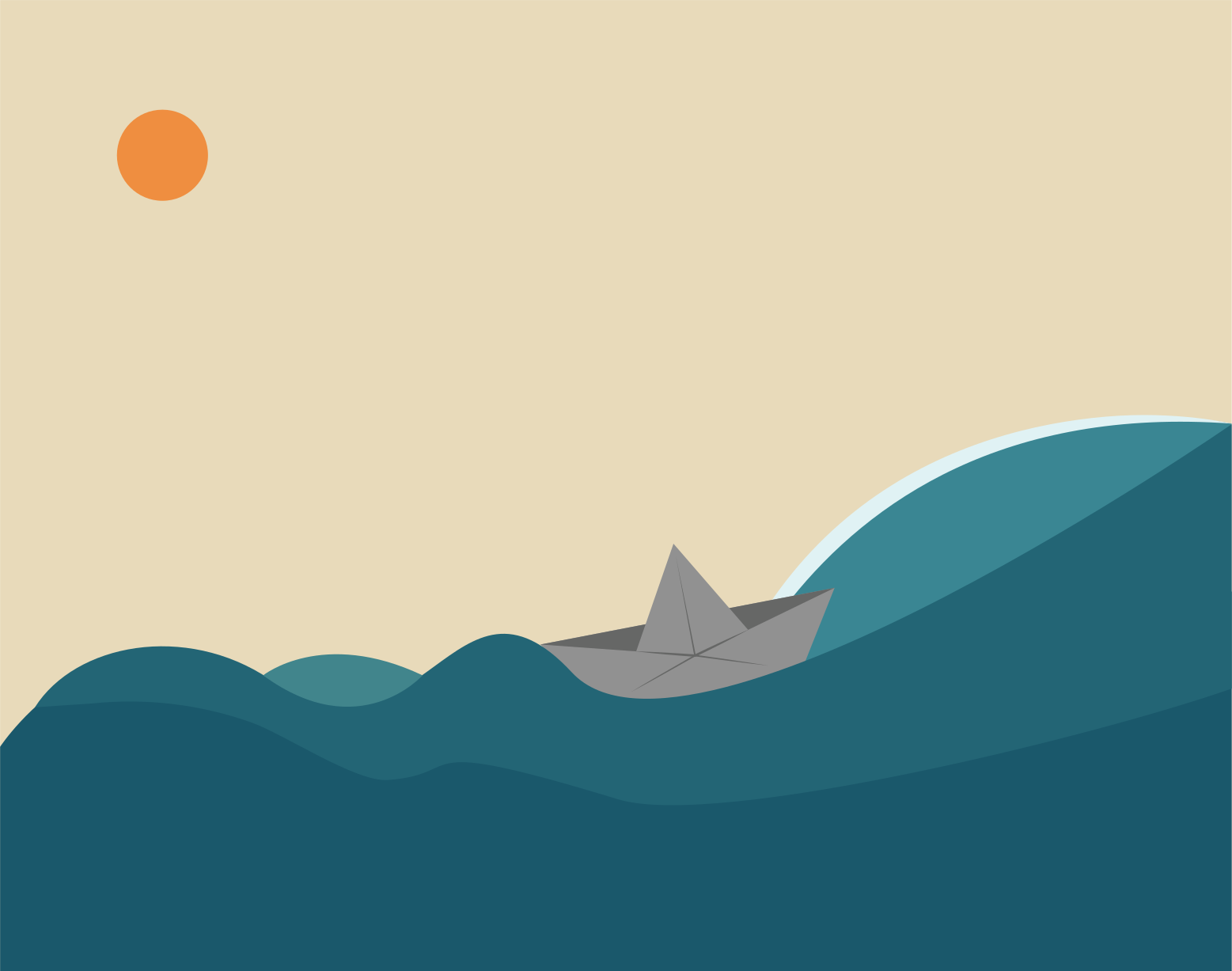 Paper boat sailing on wavy ocean under sun