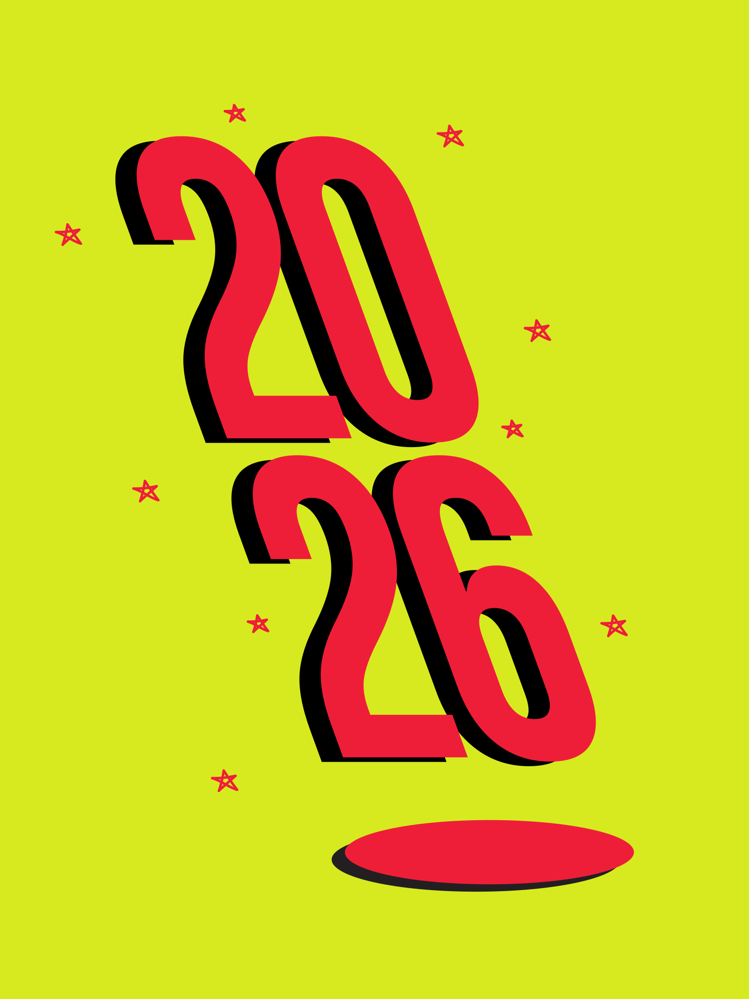 Chiffres rouges 2026 sur fond jaune avec étoiles