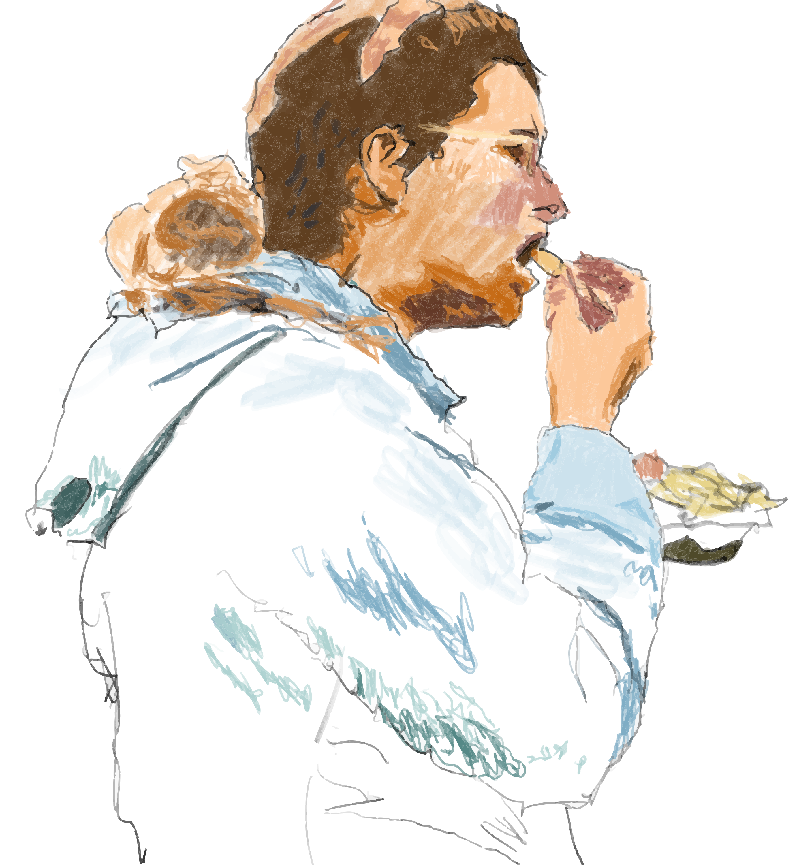 Person in a light blue jacket eating food