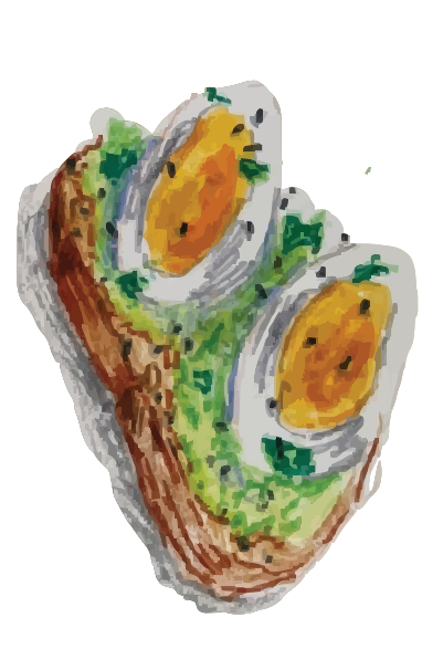 アボカドトーストにスライスしたゆで卵とごまを添えた料理。