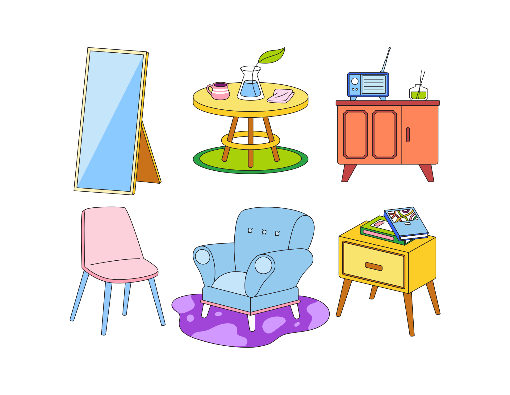 Various furniture items arranged on a white background.