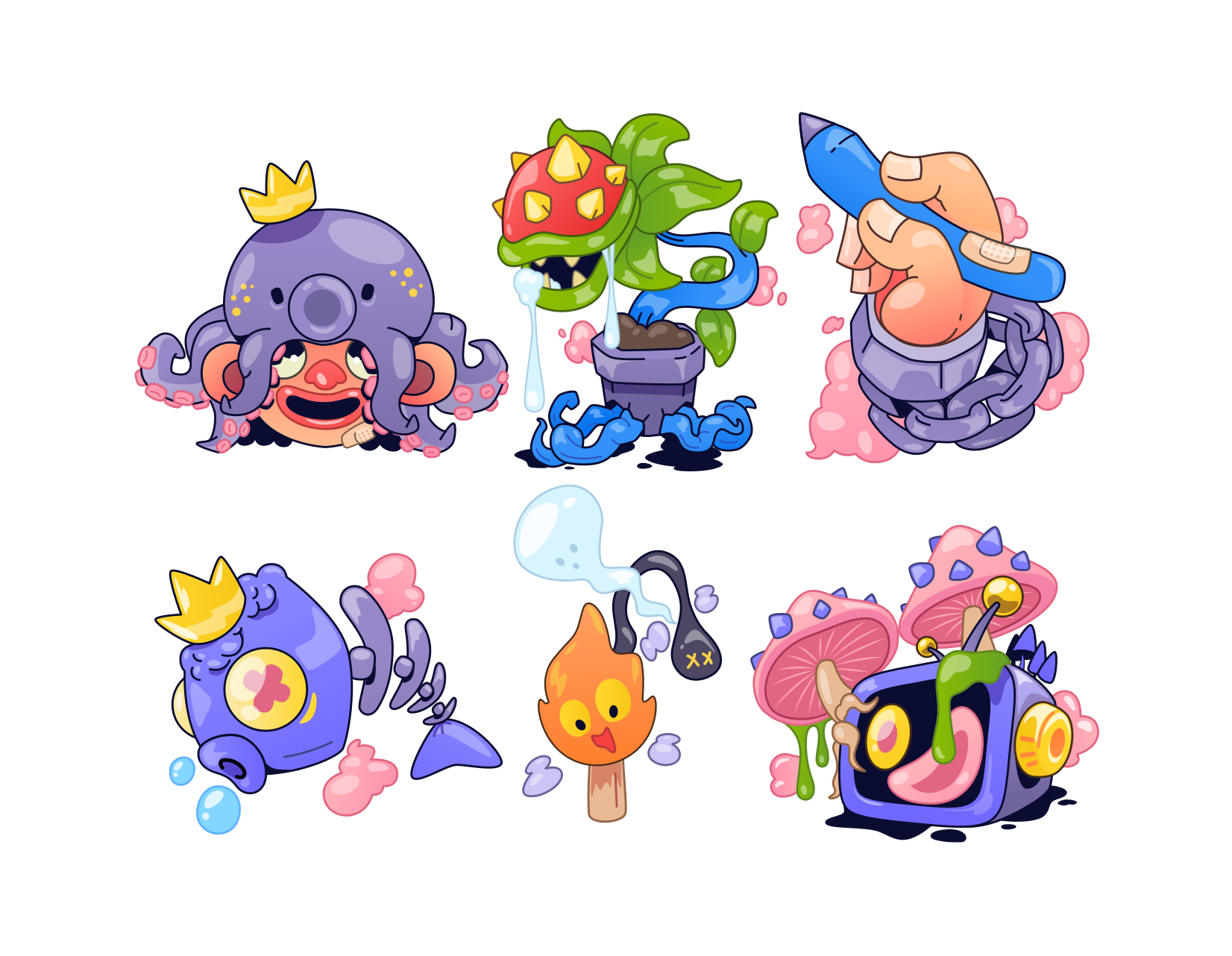 Seis personagens de desenho animado com designs e elementos fantasiosos.