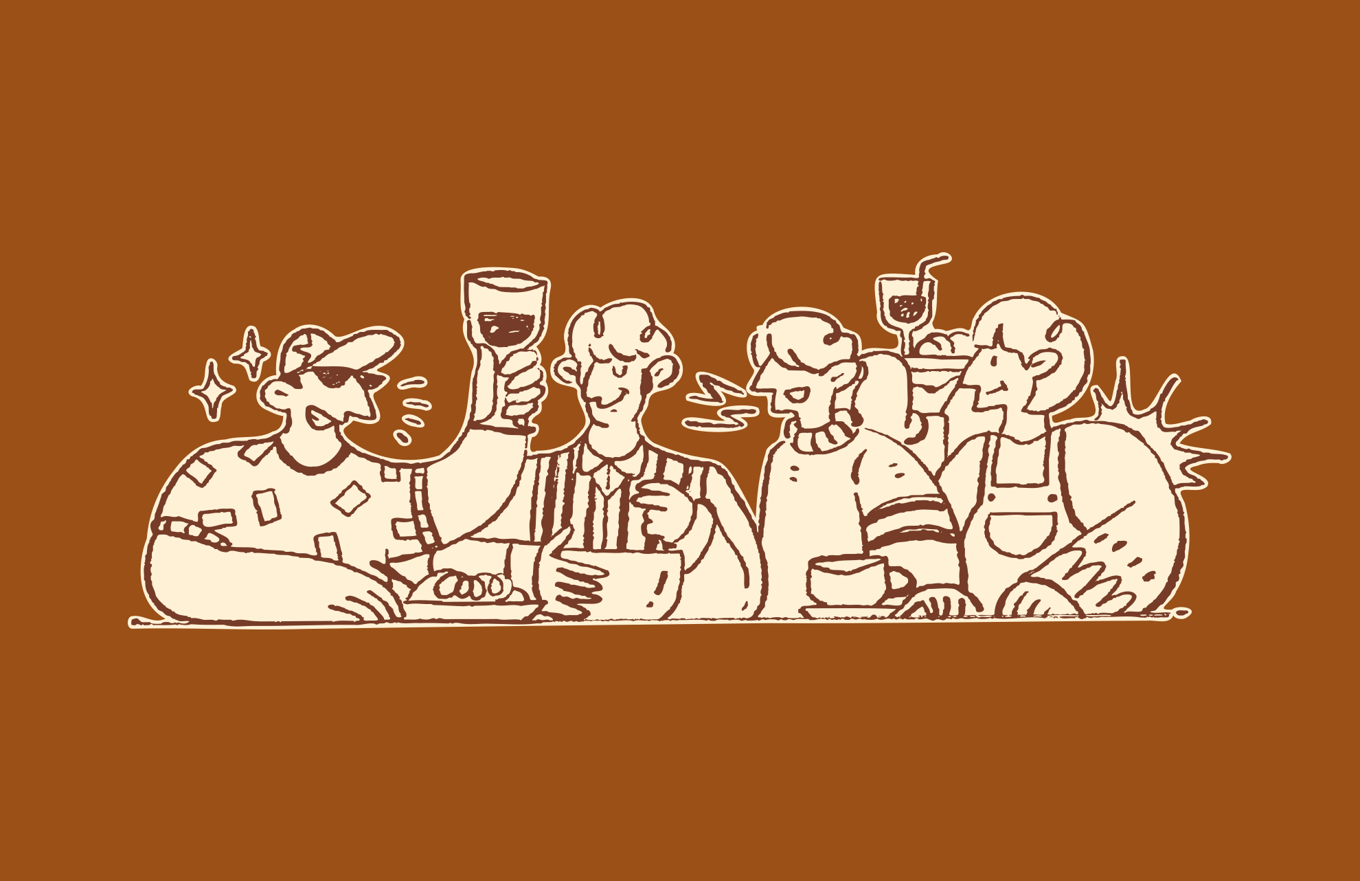 Group of people enjoying drinks and food together.