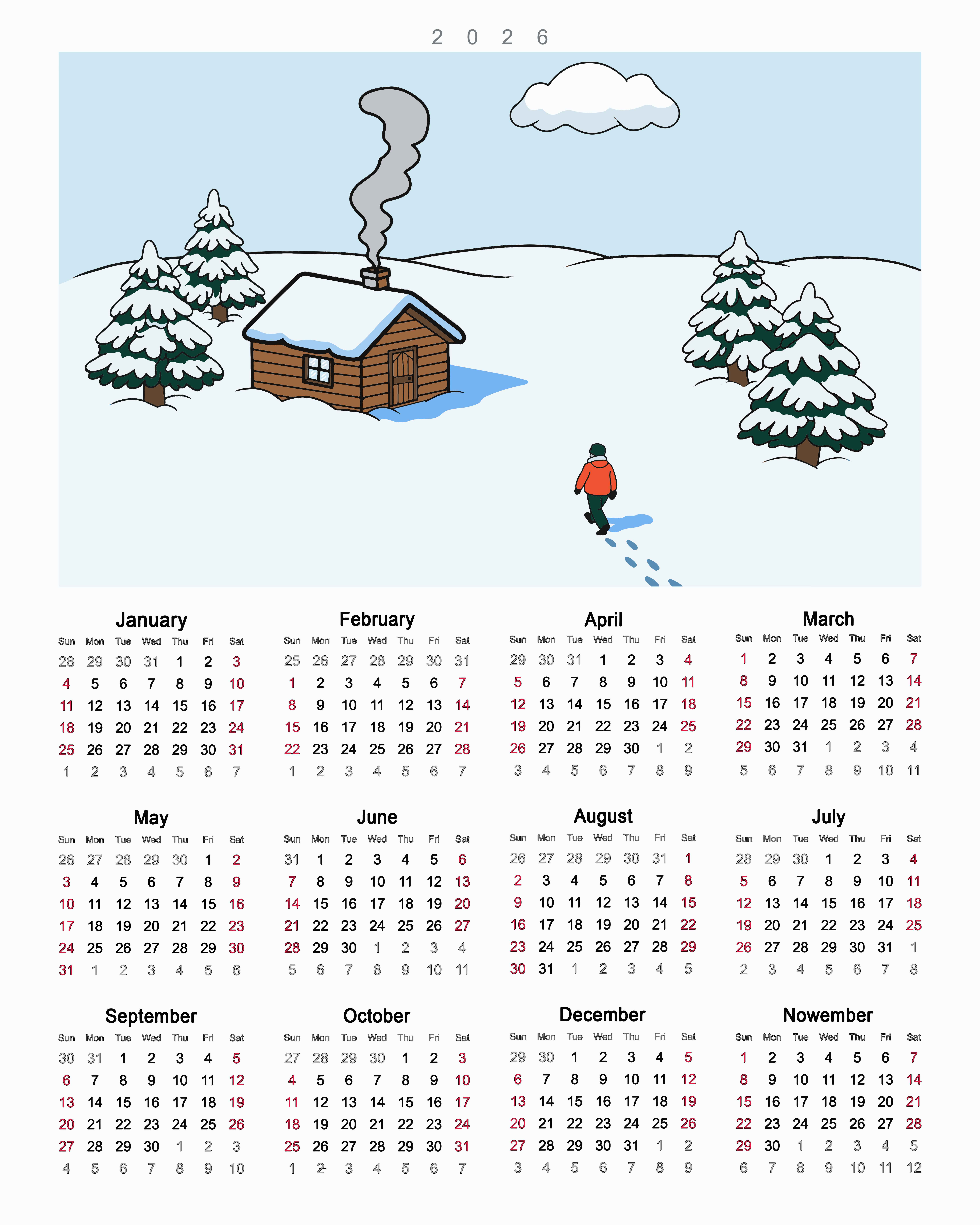 A person walks towards a snowy cabin with trees.