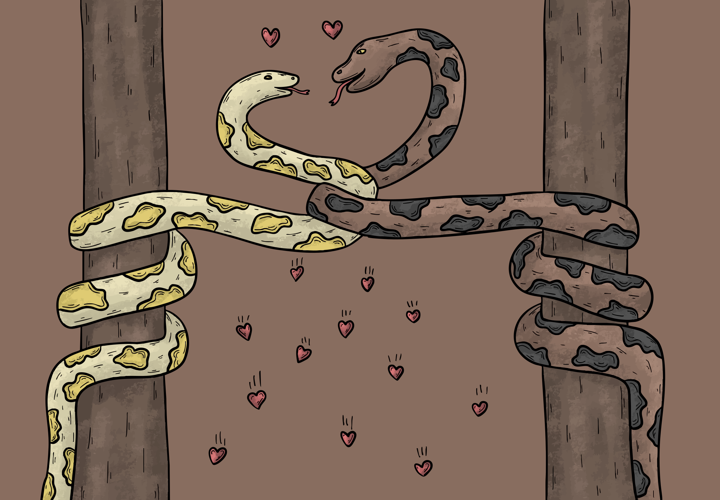 Deux serpents enlacés de cœurs