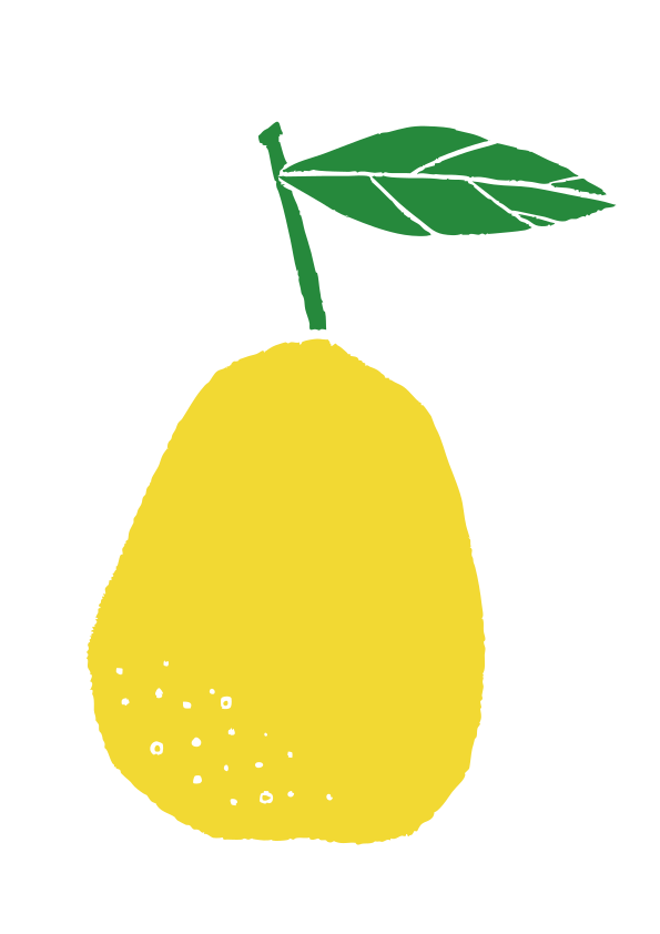 A yellow pear with a green leaf
