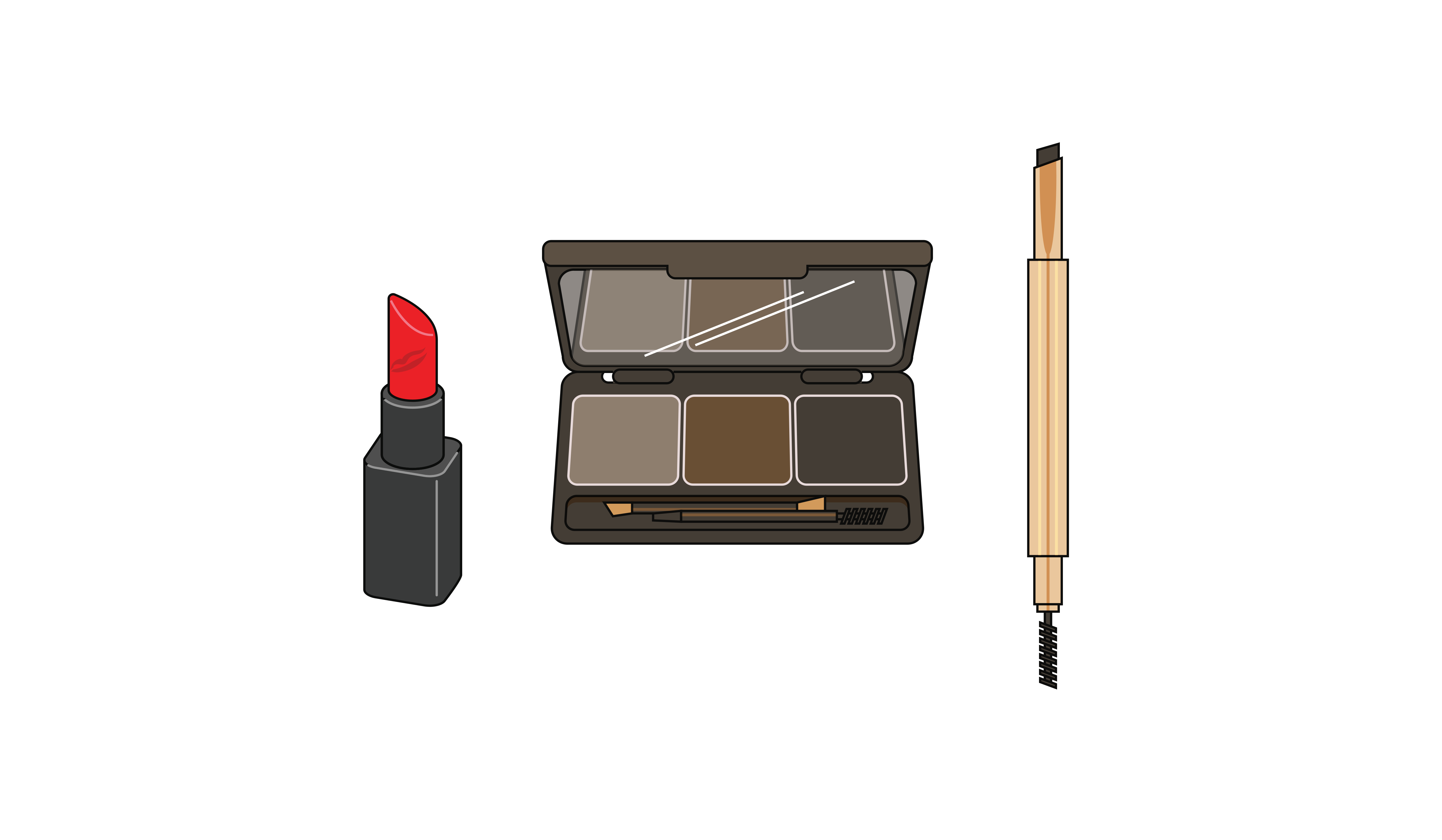 Lipstick, eyeshadow palette, and eyebrow brush on white.