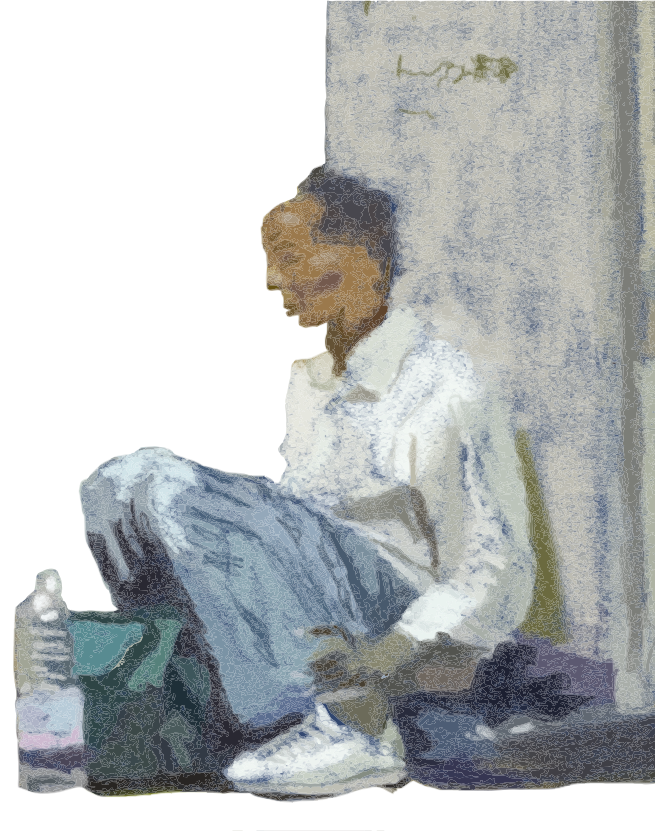 Man sitting with belongings near a wall with belongings