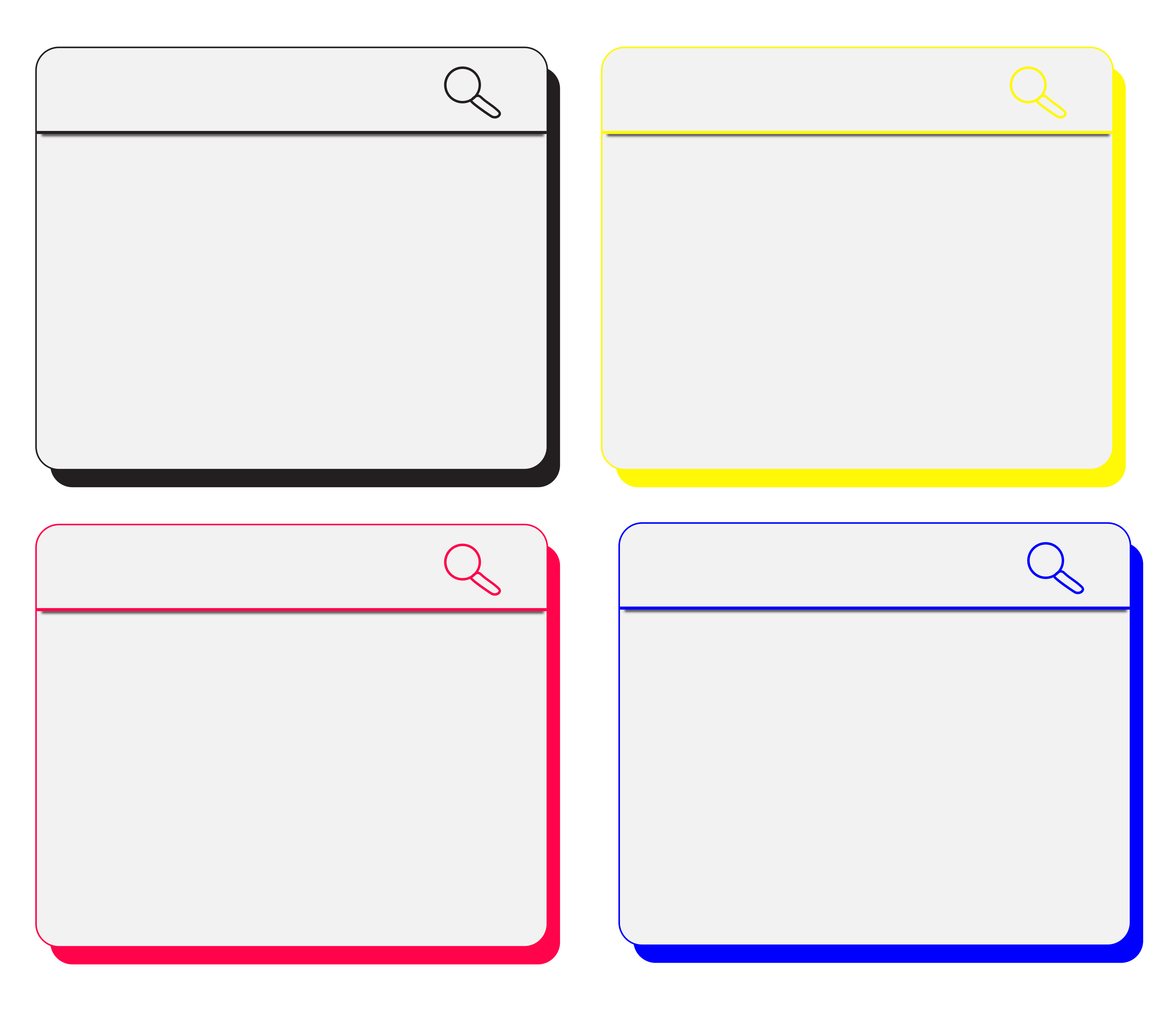 Four blank browser windows with colored borders