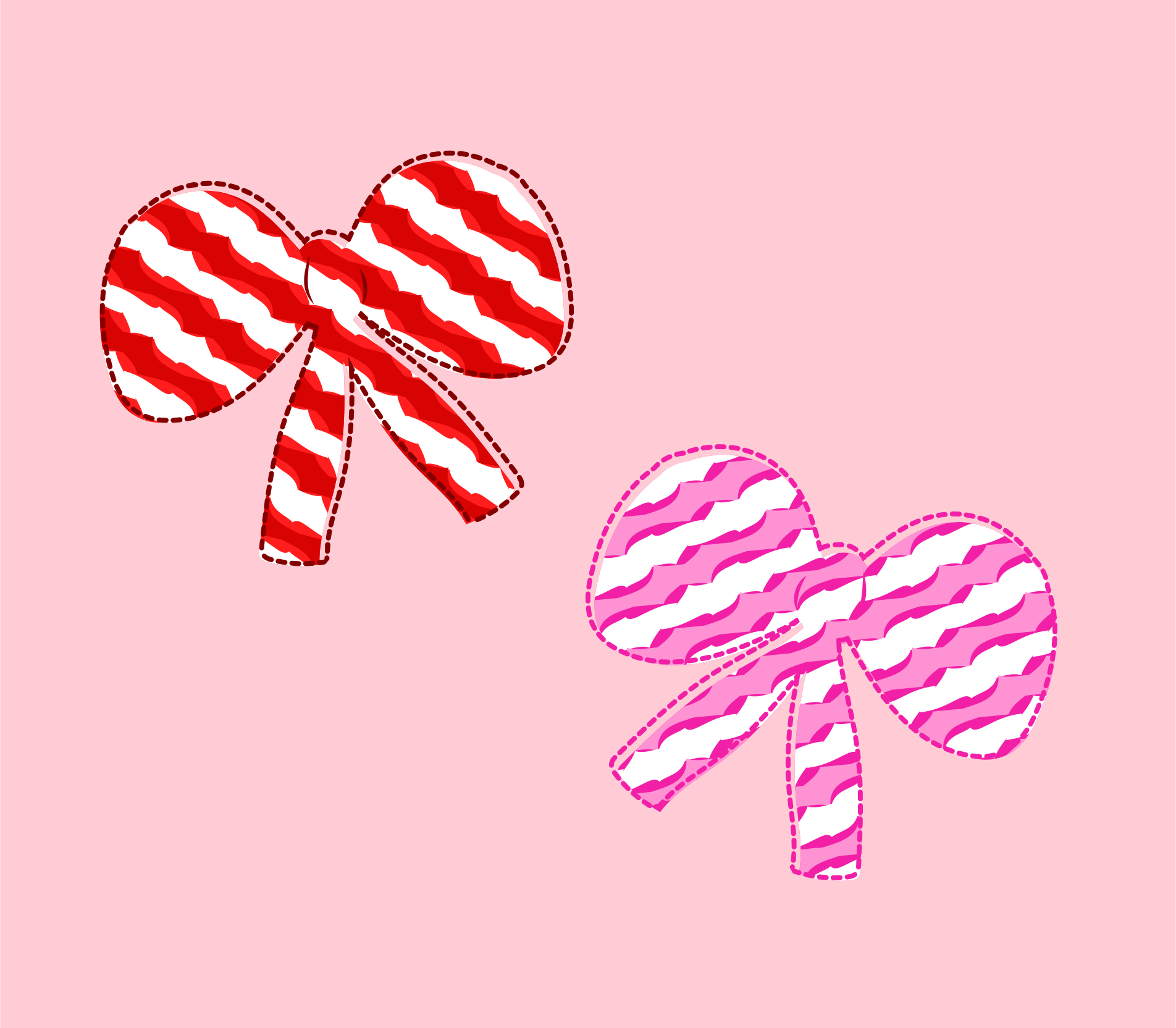 Two decorative bows with wavy stripes on pink background